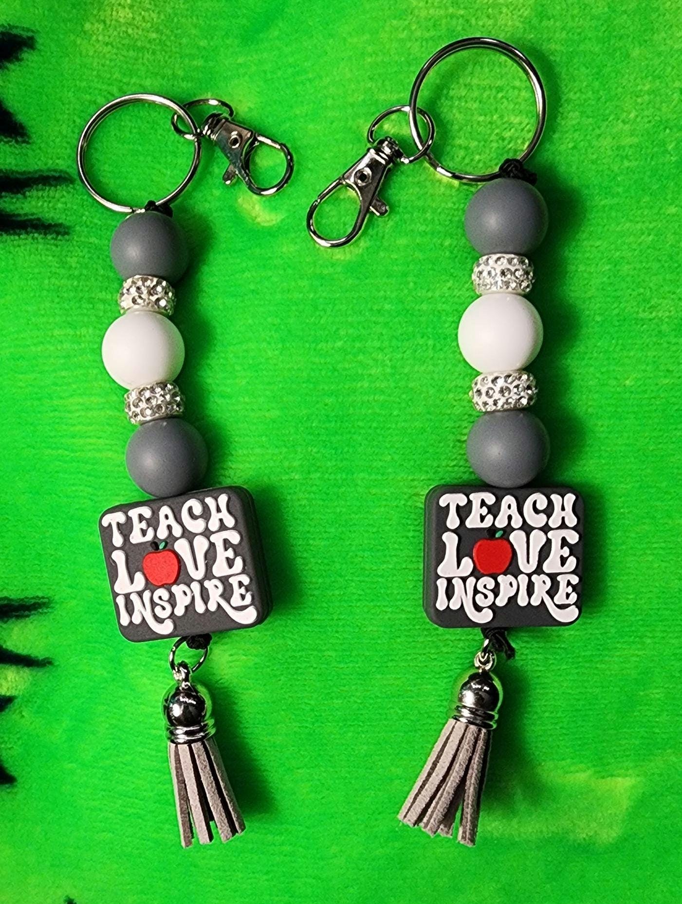 Gray & White Beaded Keychain – “Teach, Love, Inspire” Teacher appreciation| Positive Quote Keychain, Bag Charm - Thumbnail 5