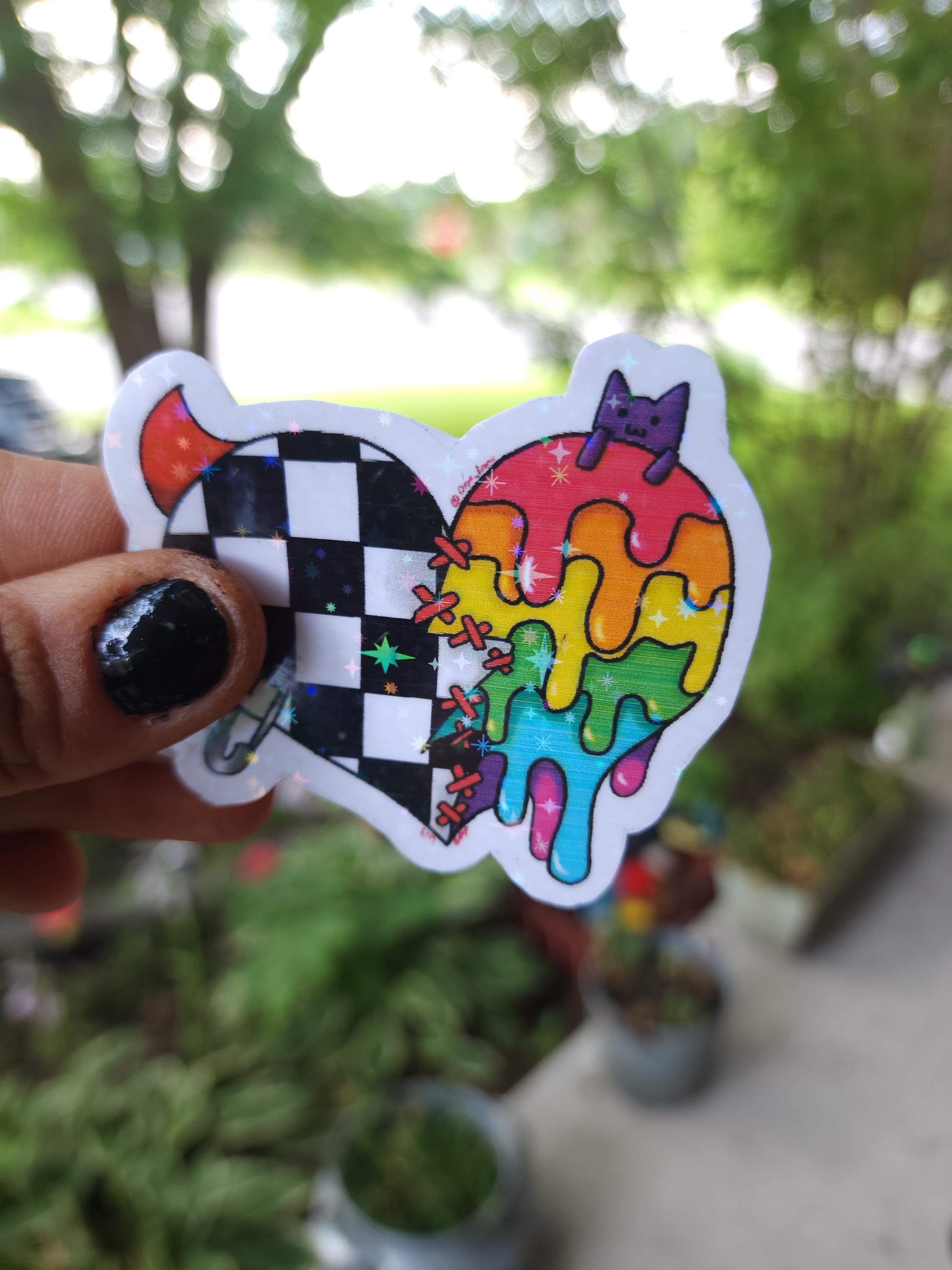 Broken Heart Vinyl Sticker: Punky Checkered Design with Stitches - Thumbnail 5