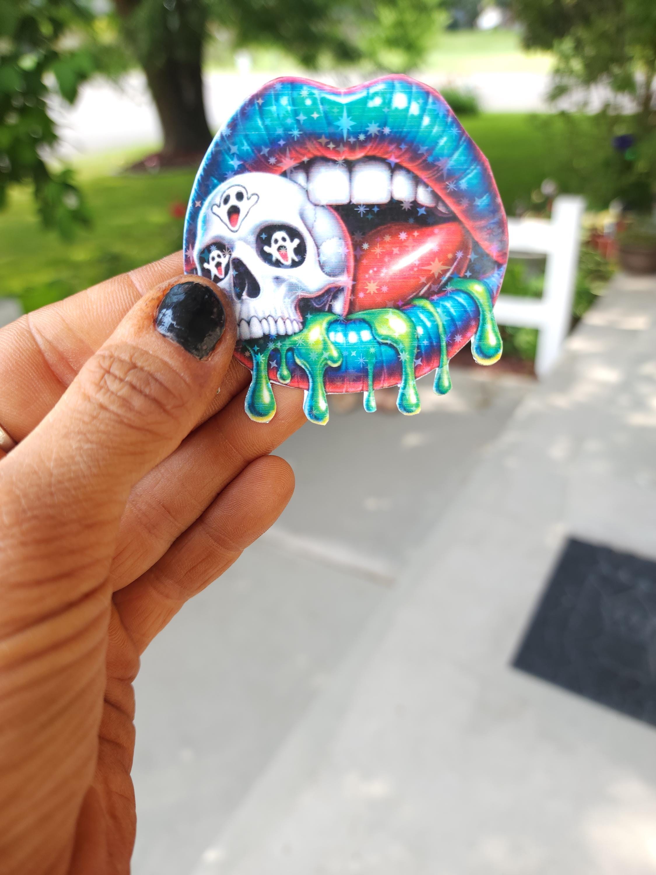 Kiss of Death – Blue & Green Lips with Skull Vinyl Sticker | Gothic Glam Aesthetic for Baddies, Weirdos and Rule Breakers - Thumbnail 5