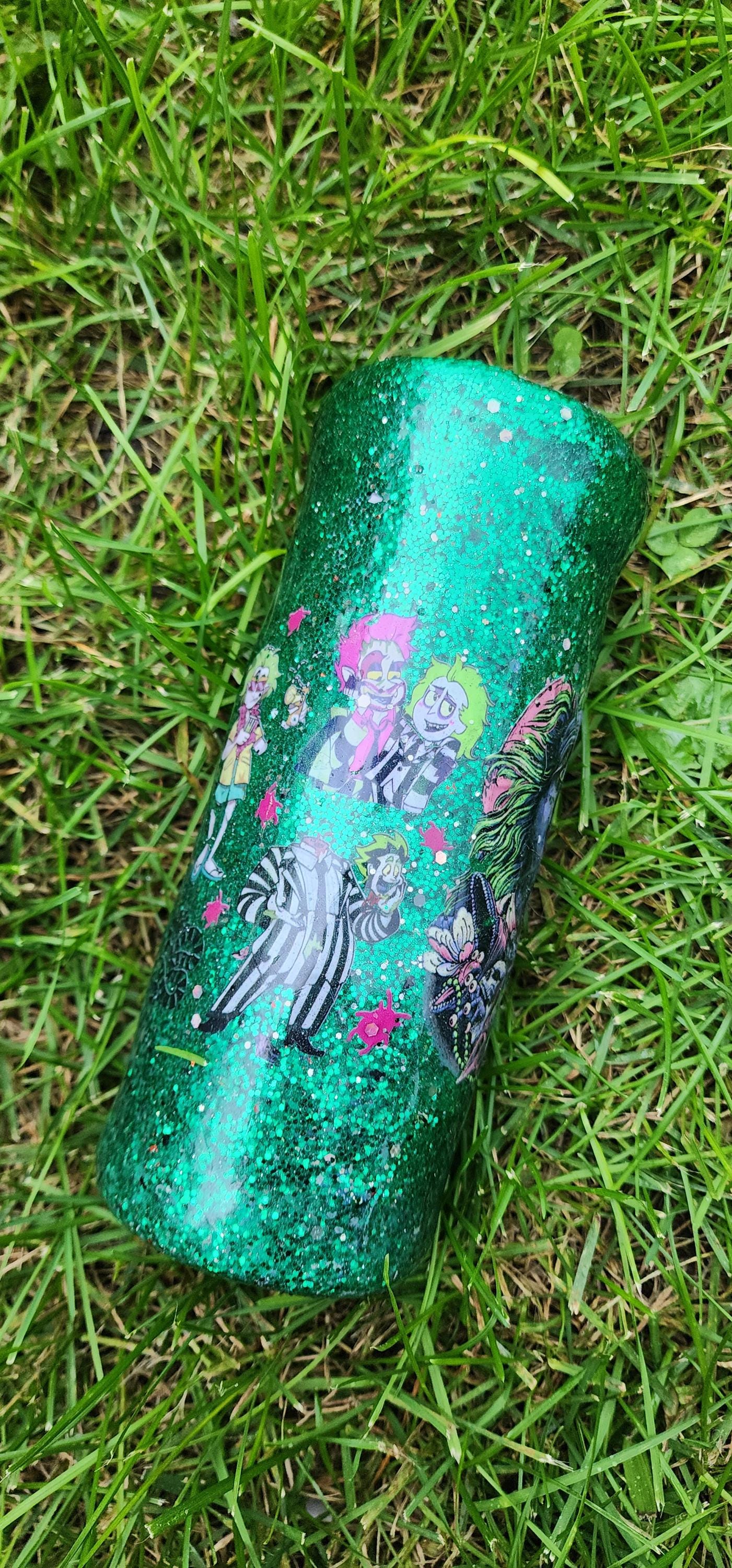 Beetlejuice Tumbler: Neon Green Glitter Drip, Spooky Stainless Steel Cup - Thumbnail 2