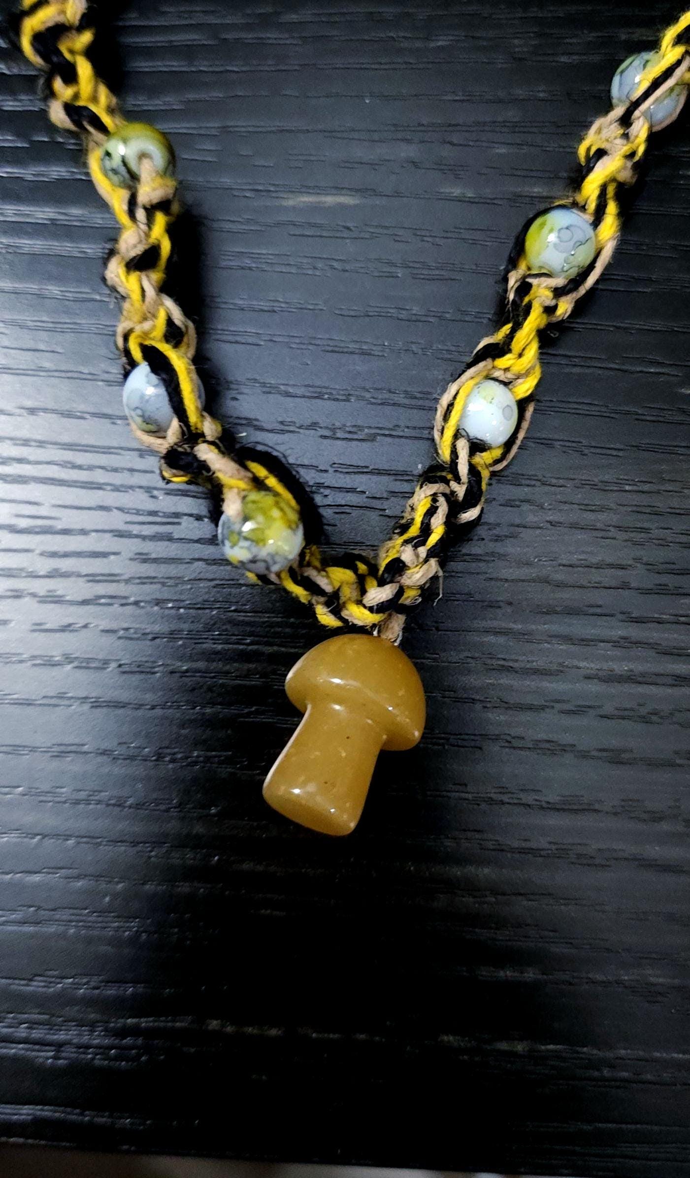 Hemp Necklace with Yellow Glass Mushroom Bead - Ecofriendly Black, White & Yellow Boho Jewelry for Men and Women - Thumbnail 4