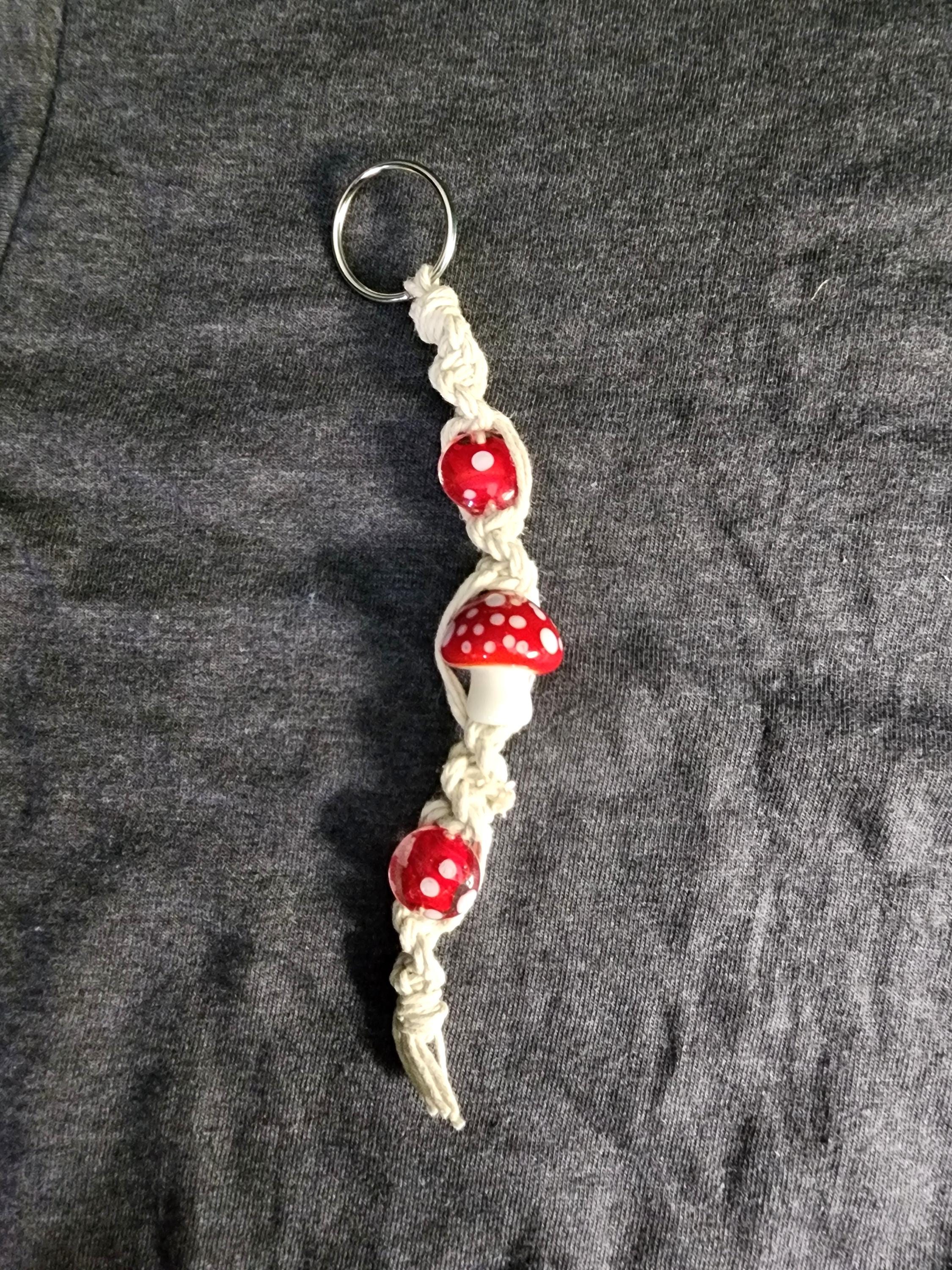 Handmade Hemp Mushroom Keychain with Glass Beads - Thumbnail 2