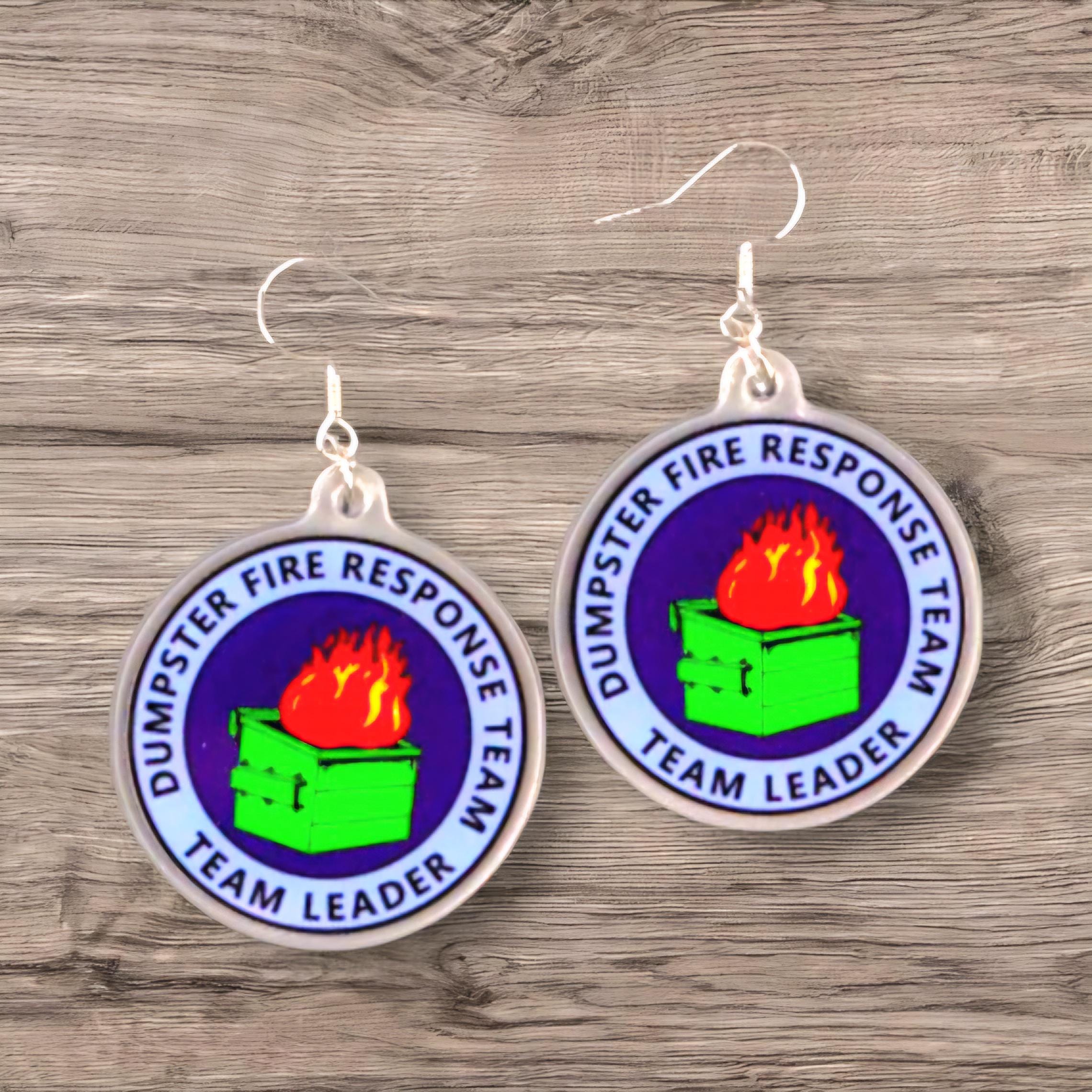 Dumpster Fire Response Team Earrings: Funny Acrylic Dangle Jewelry - Thumbnail 6