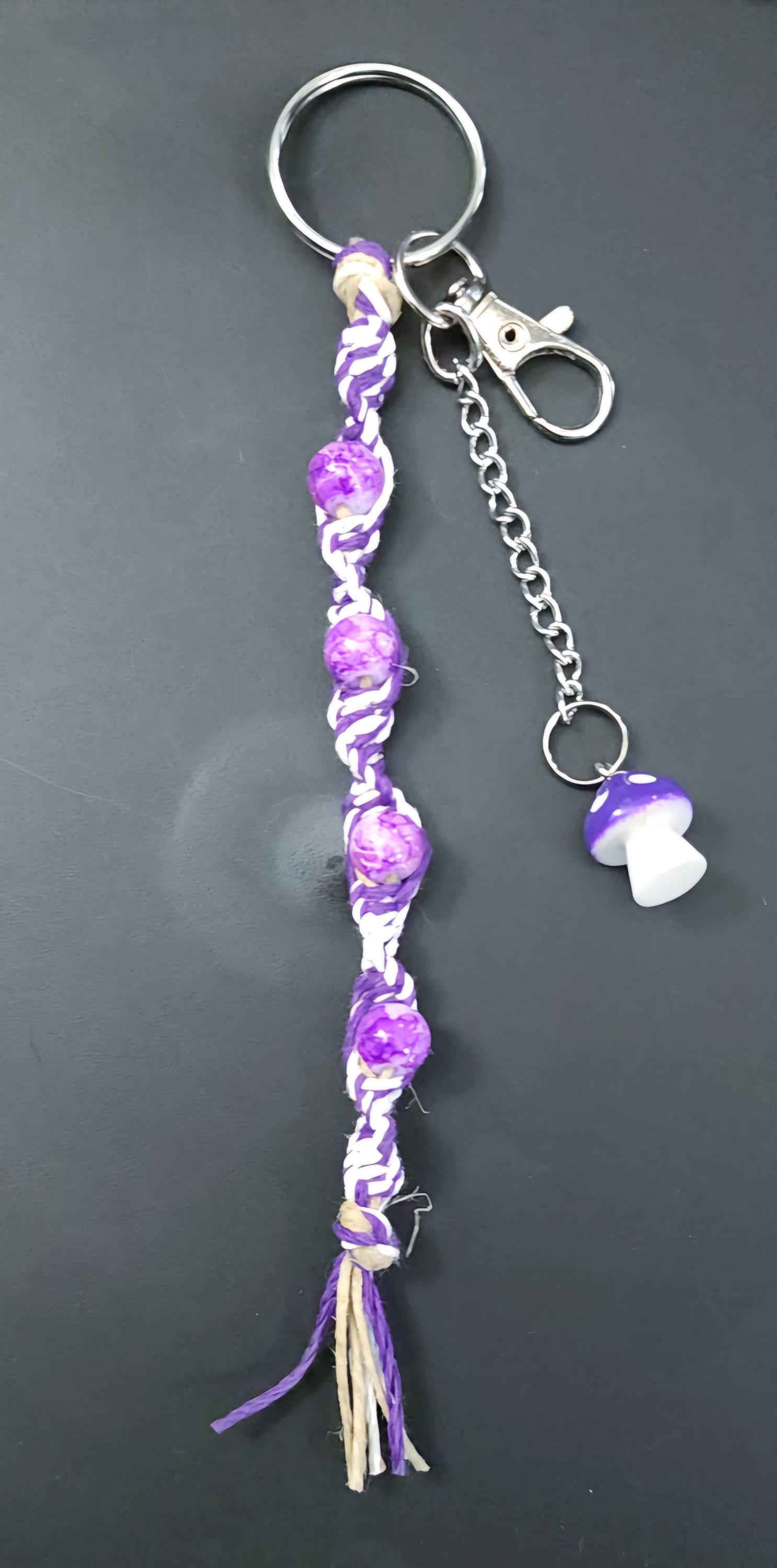Handmade Hemp Keychain: Purple Mushroom Bead, Glass Beads - Thumbnail 3