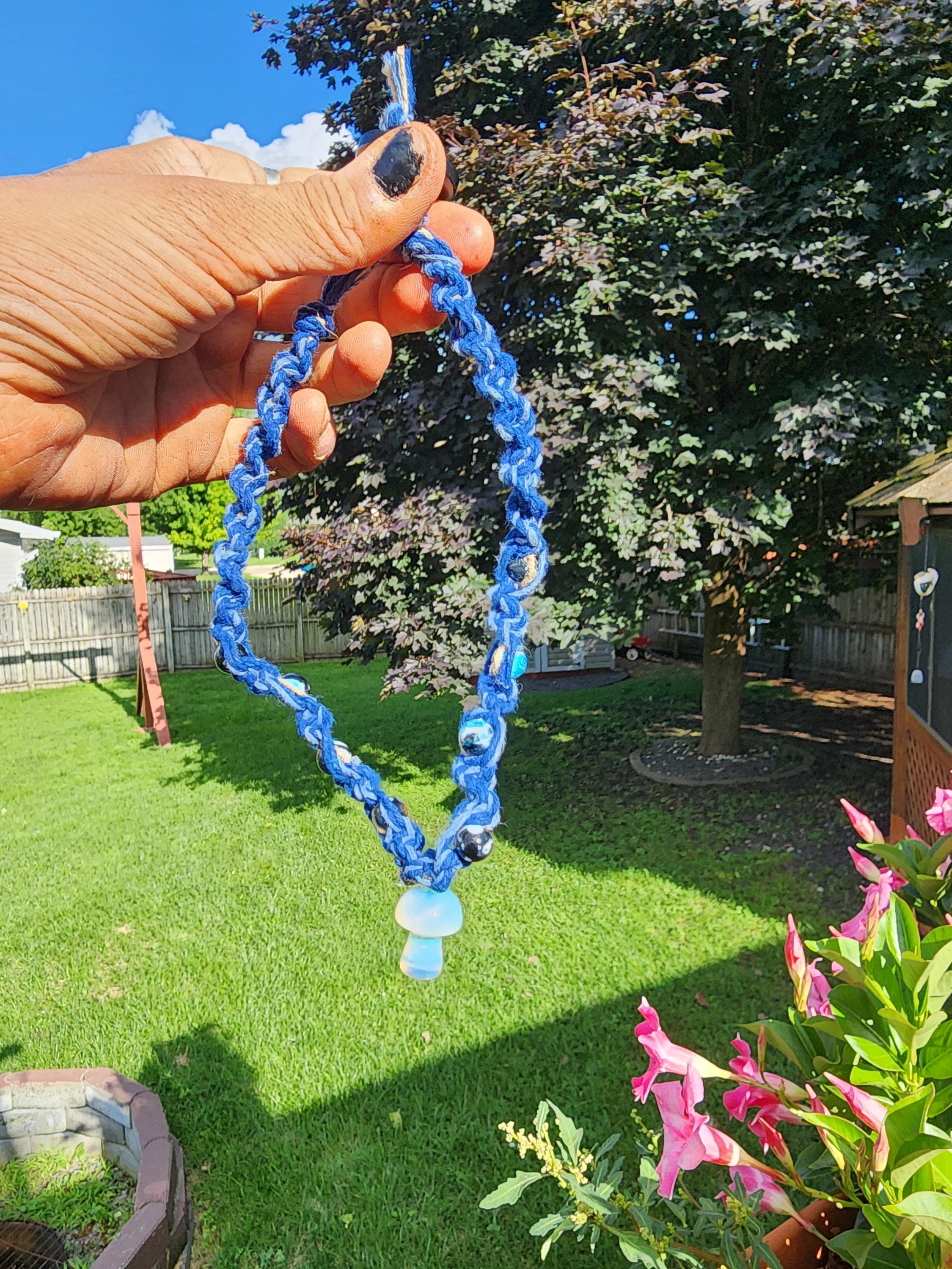 Handmade Blue Hemp Necklace: Pearlescent Mushroom Bead - Thumbnail 5