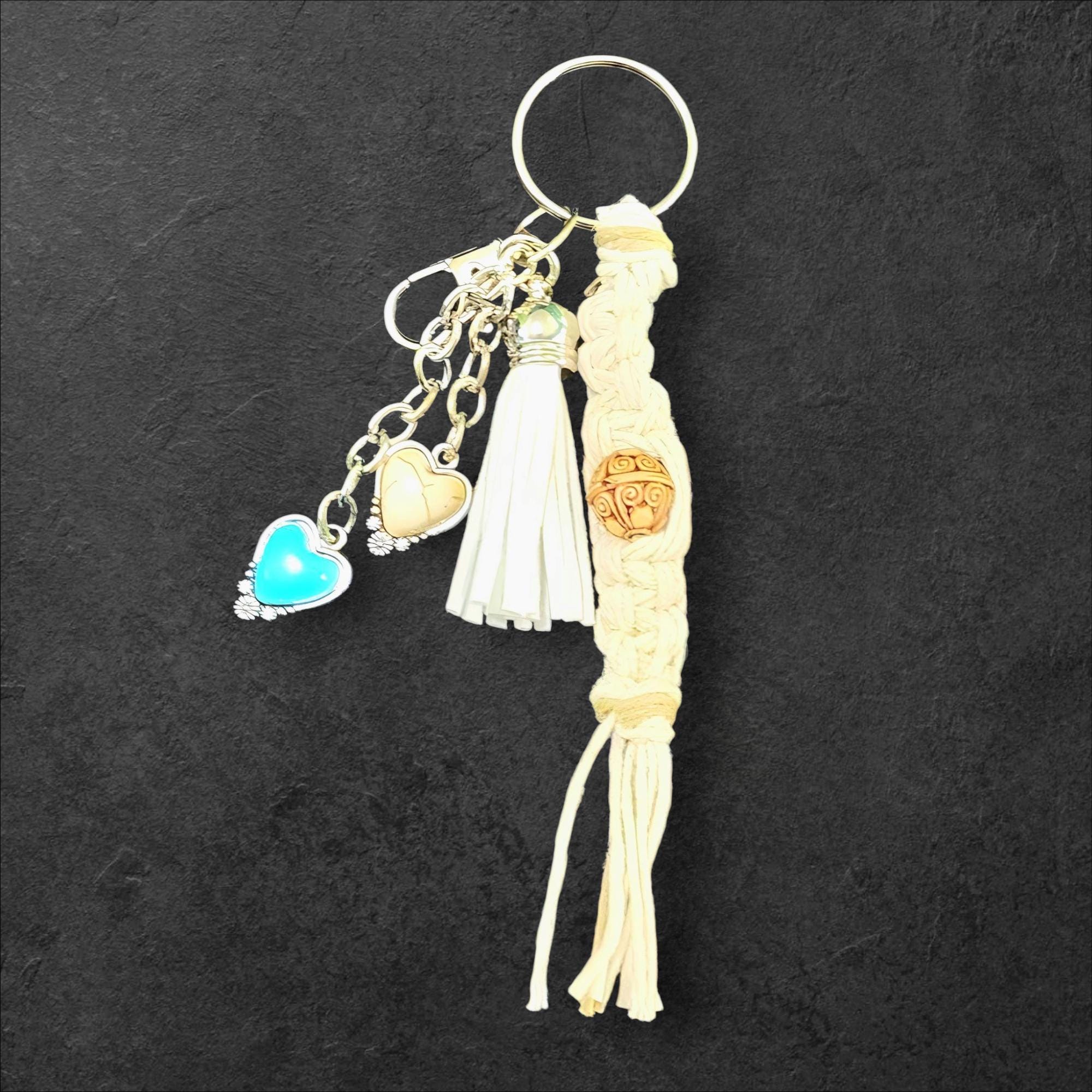 Handmade Hemp Keychain: Heart Charms & Glass Beads - Thumbnail 4