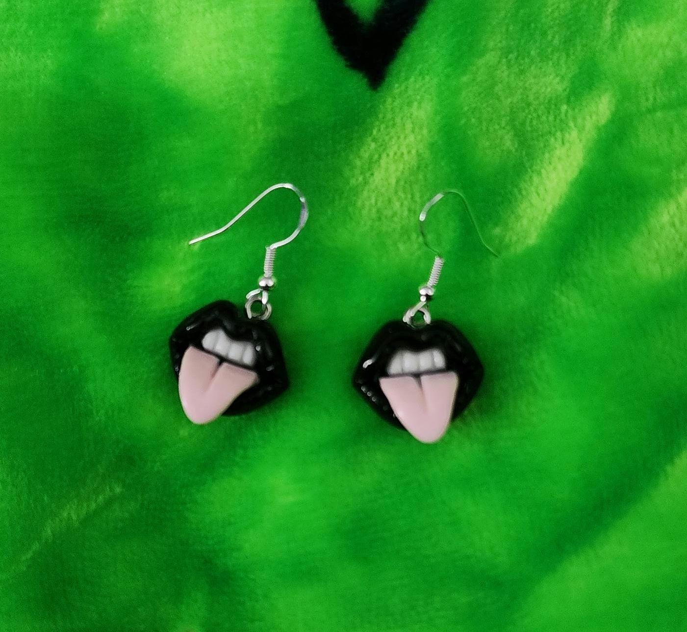 Goth Tongue Out Earrings: Handmade Polymer Clay, Edgy Jewelry - Thumbnail 2