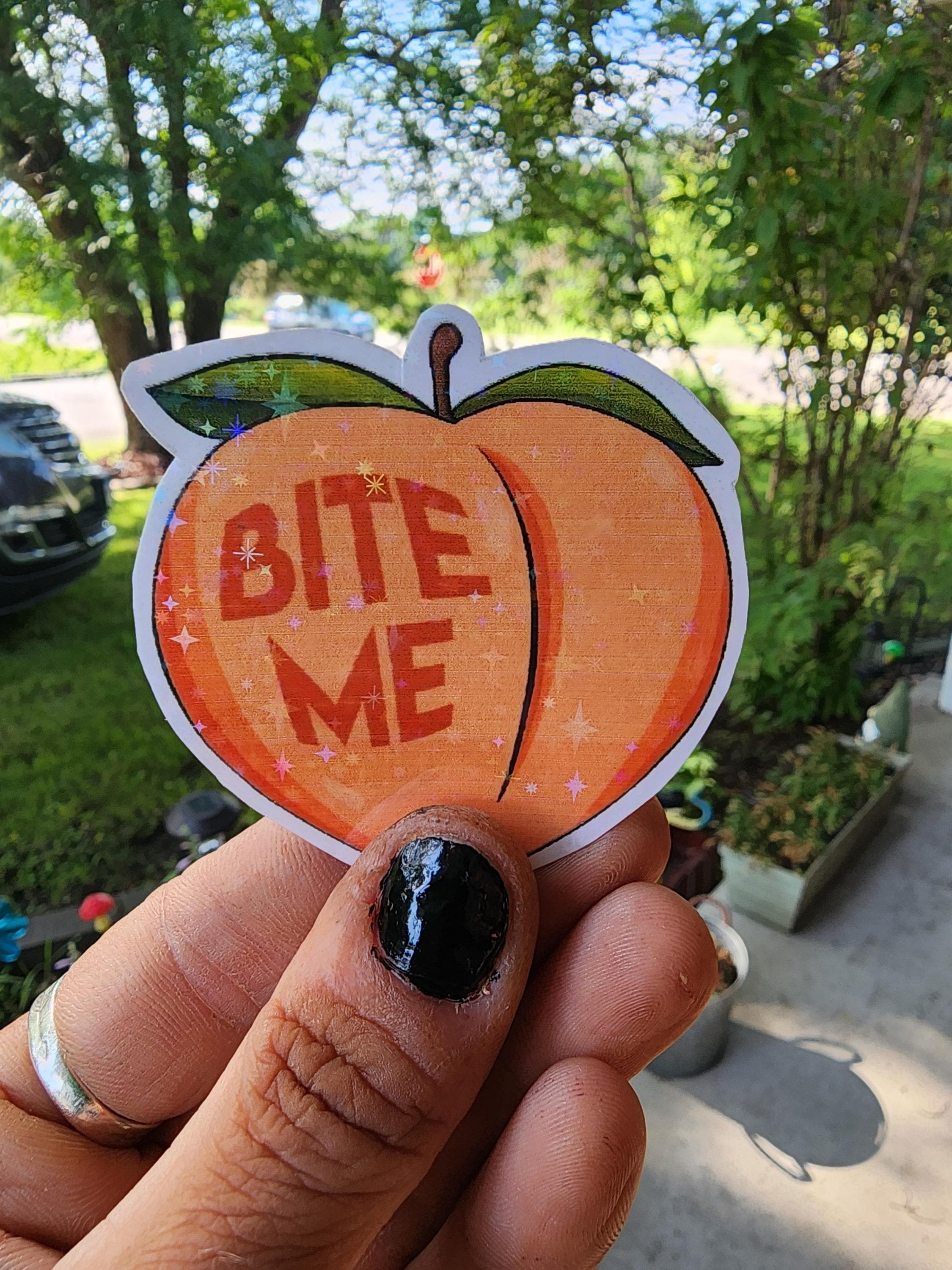 Bite Me Sticker – Sassy Peach Vinyl (3x3 in) | Cute But Rude Waterproof Sticker for Laptops, Water Bottles & Chaos Queens - Thumbnail 5