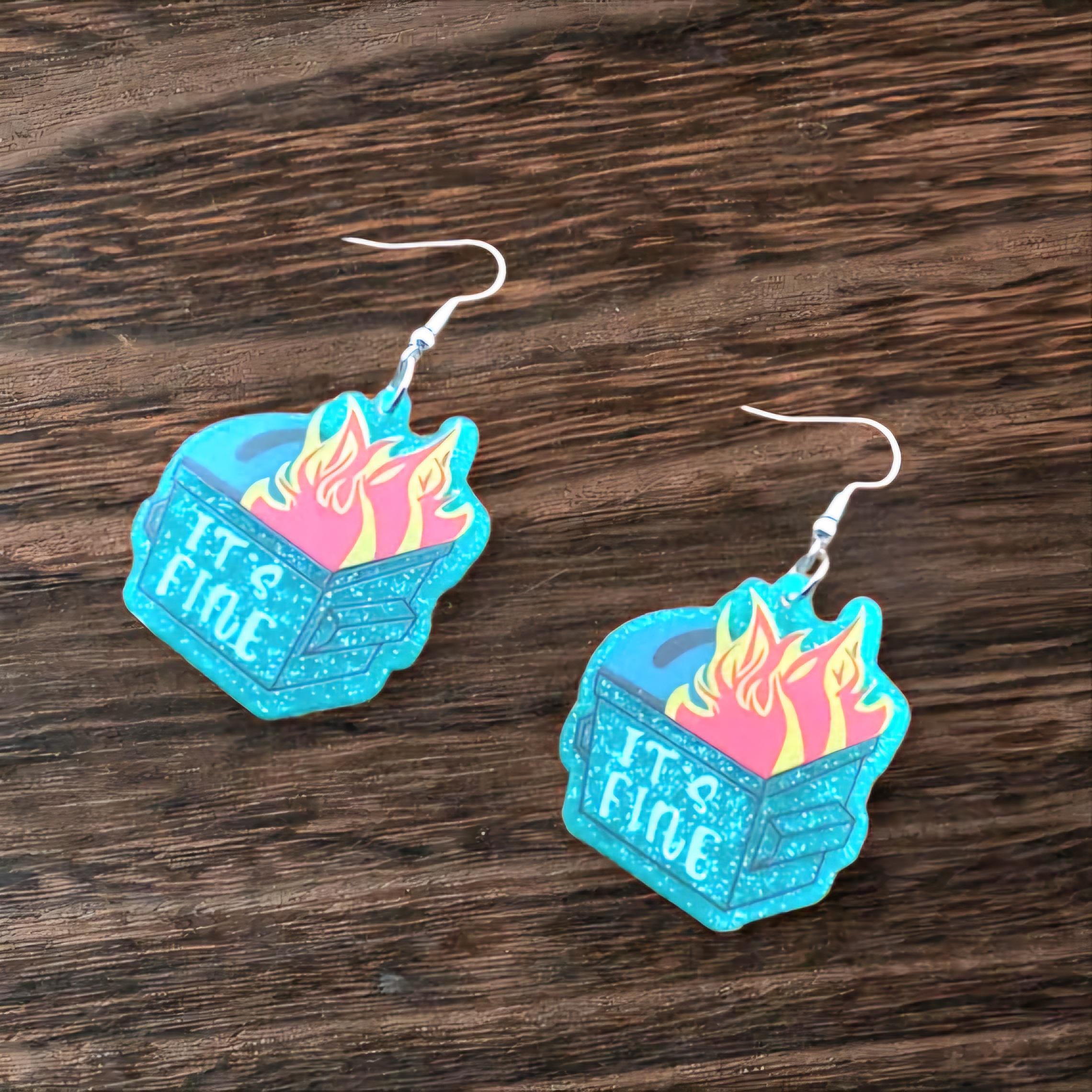 Glittery Blue Dumpster Fire Dangle Earrings – “I’m Fine” – Because Chaos Looks Better with Sparkle - Thumbnail 5