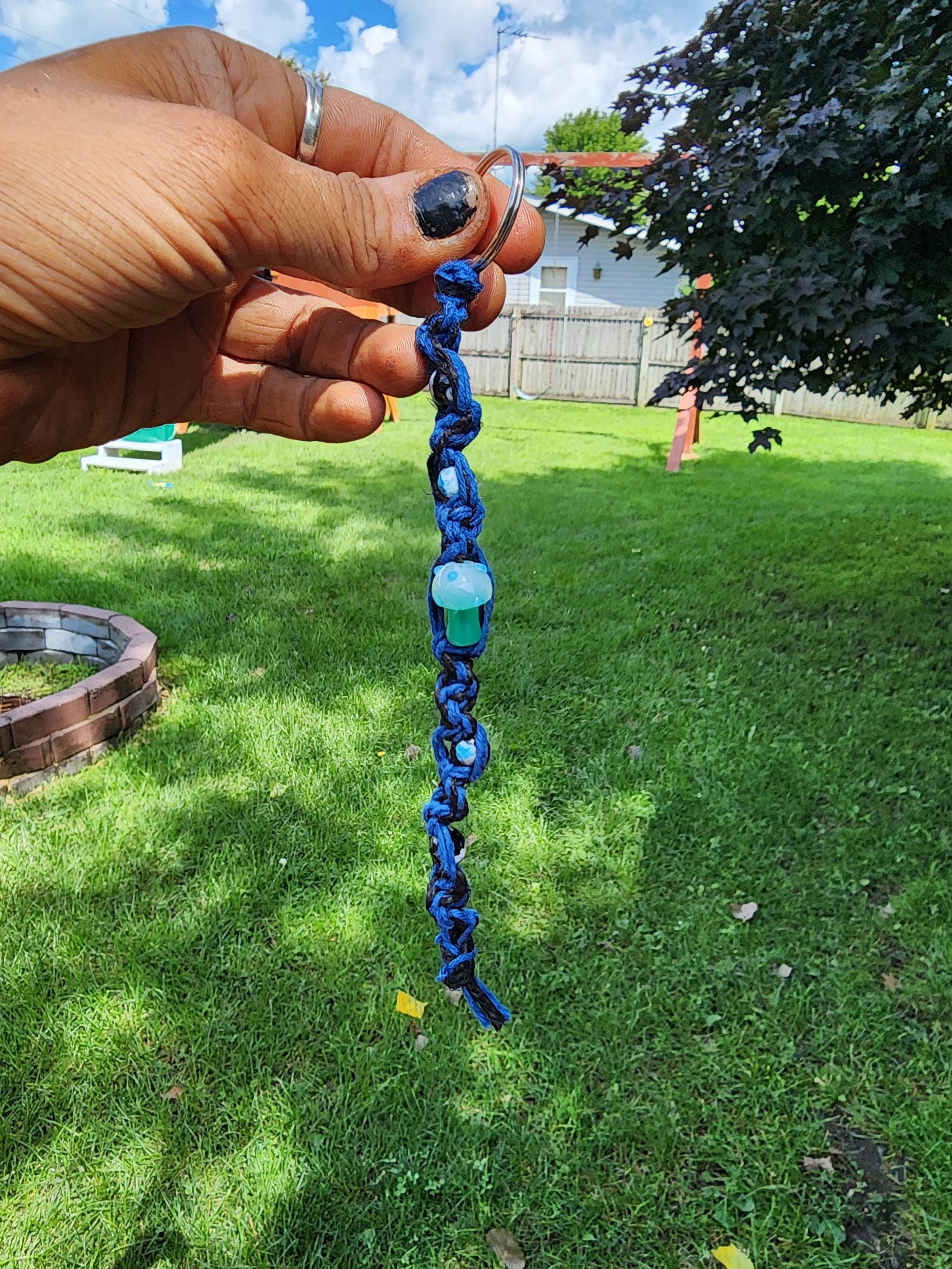 Hemp Keychain: Black & Blue Braid with Greenish-Blue Mushroom Charm - Thumbnail 3
