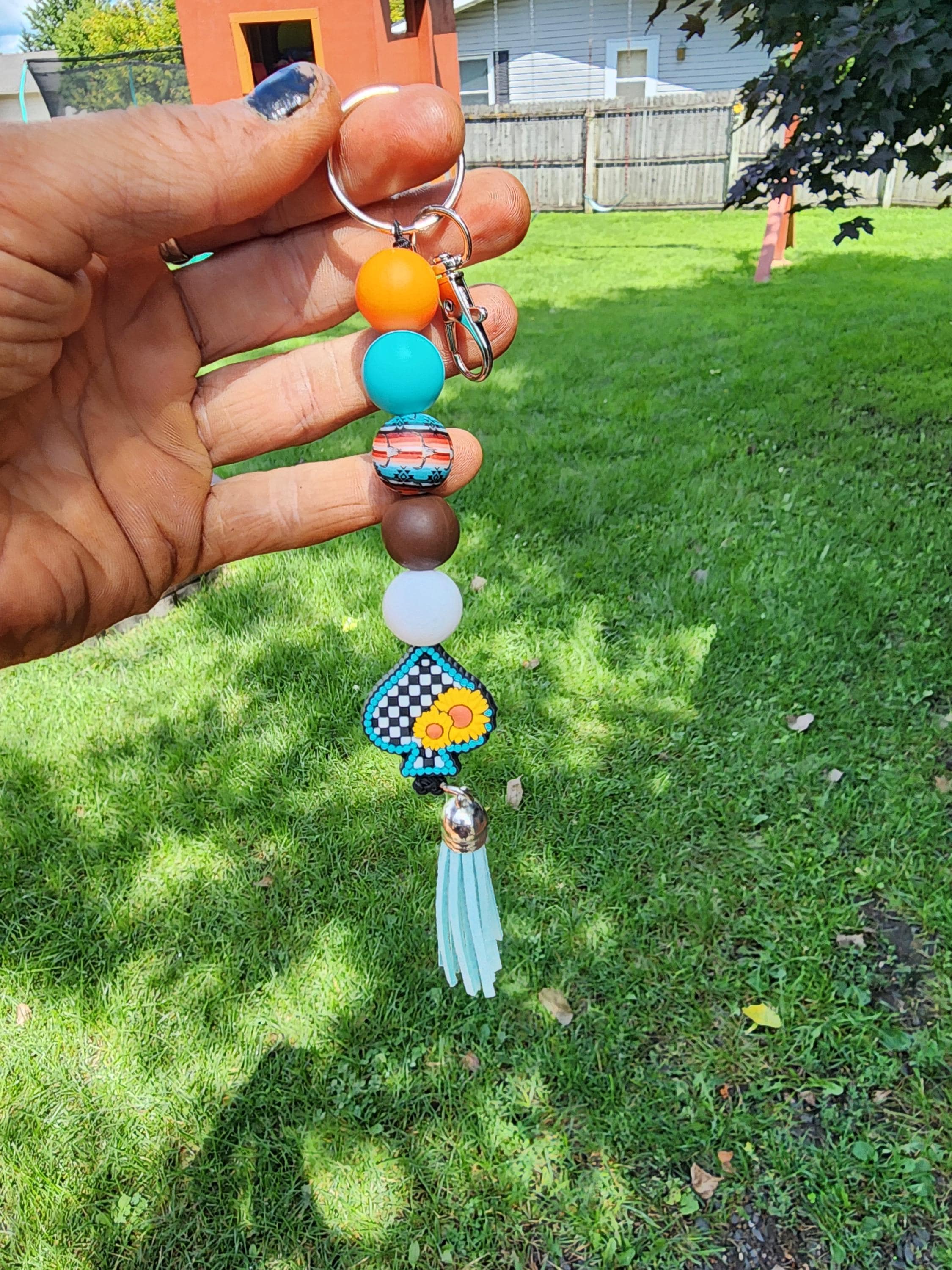 Beaded Keychain: Checkered Spade Charm, Retro Orange Teal Brown