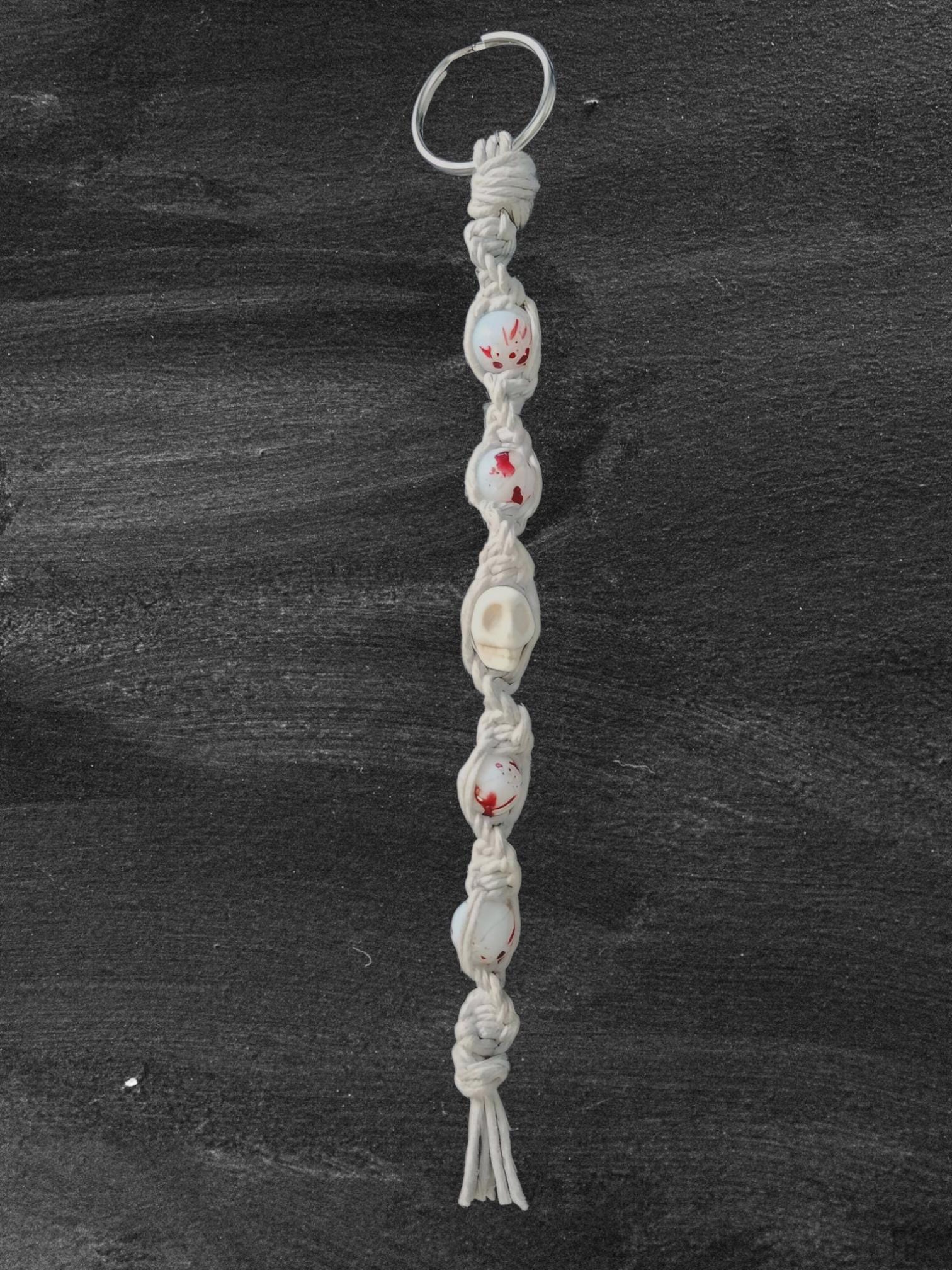 Murderously Cute – White Hemp Keychain with Blood Spatter Beads | True Crime-Inspired Keychain | Creepy Cute Accessory for Horror Lovers - Thumbnail 5