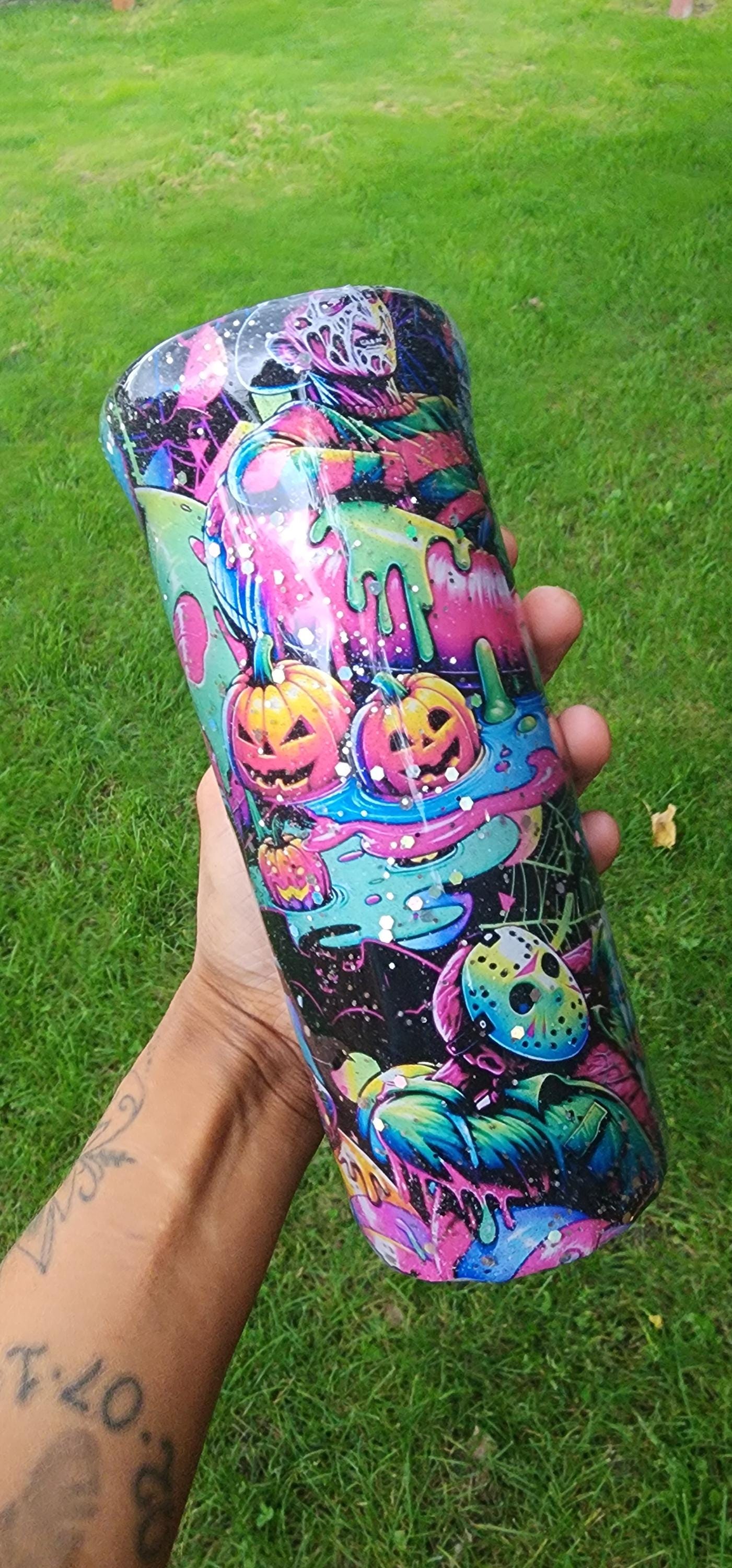 Neon Summerween Horror Epoxy Drip Tumbler – Spooky Glow-in-the-Dark Stainless Steel Cup, Creepy-Cute Movie-Inspired Drinkware - Thumbnail 5