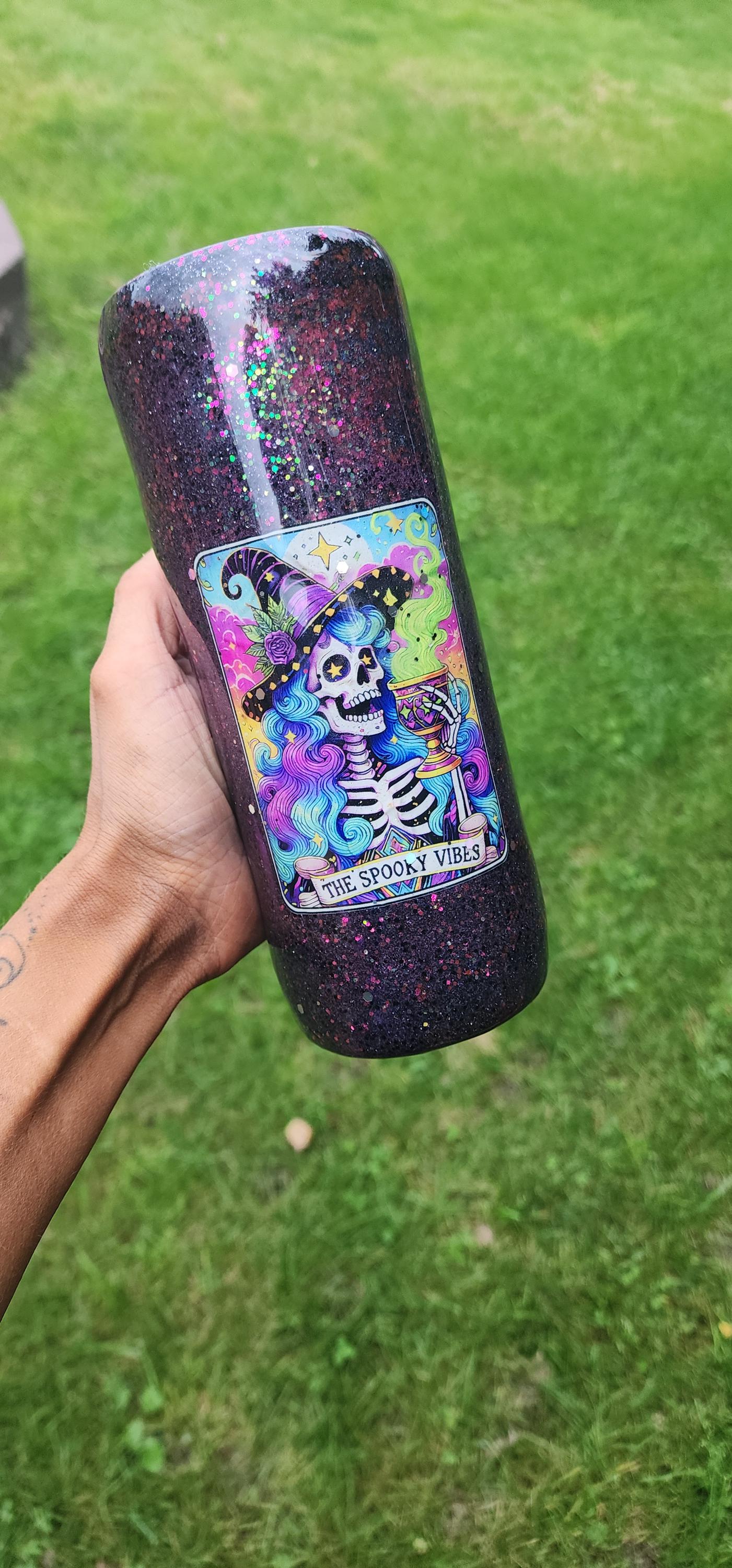 Spooky Vibes Epoxy Glitter Tumbler – Creepy Cute Halloween Cup, Witchy Gothic Stainless Steel Mug, Handmade Coffee Drinkware Gift - Thumbnail 2