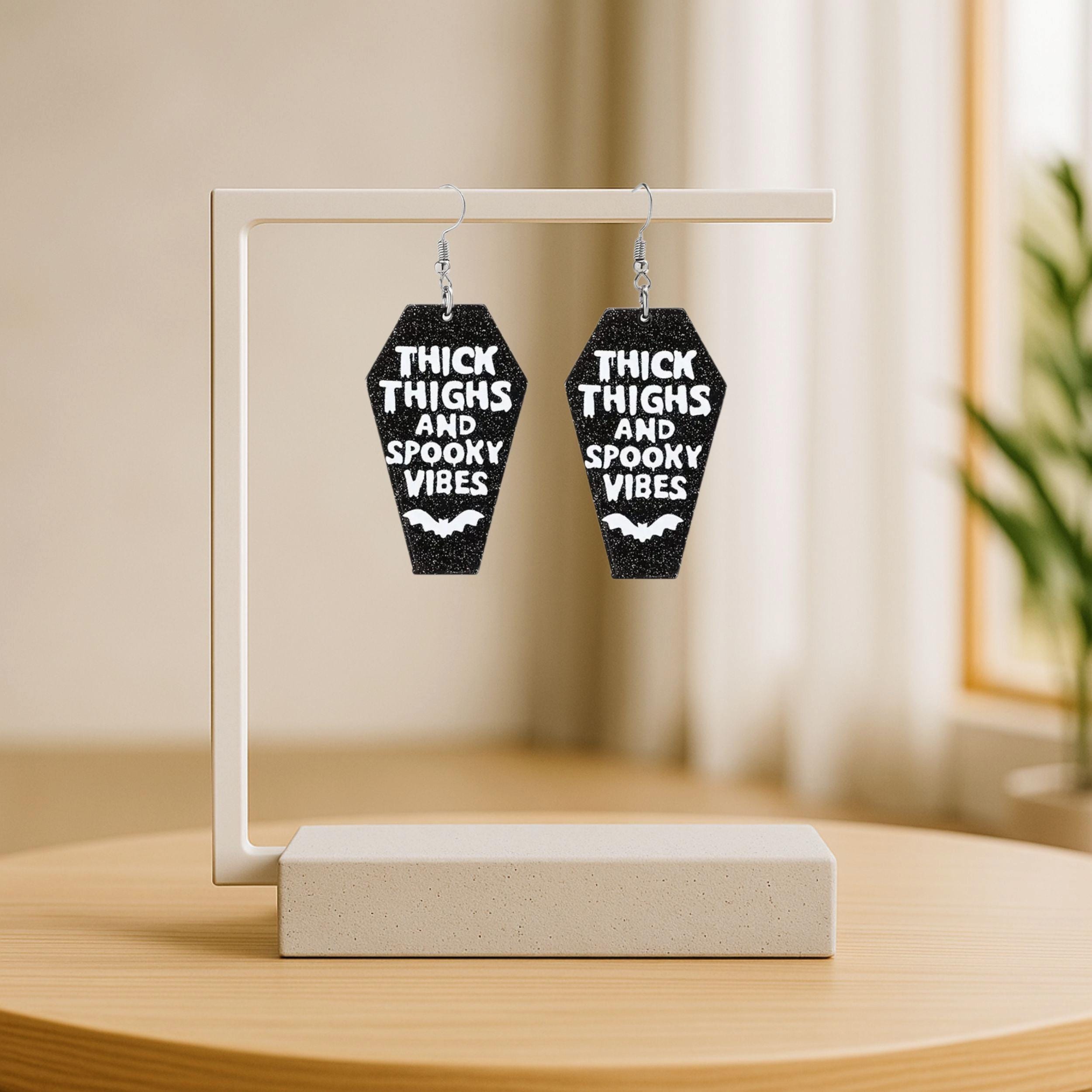 Coffin Halloween Earrings: Thick Thighs Spooky Vibes, Black Acrylic - Thumbnail 3