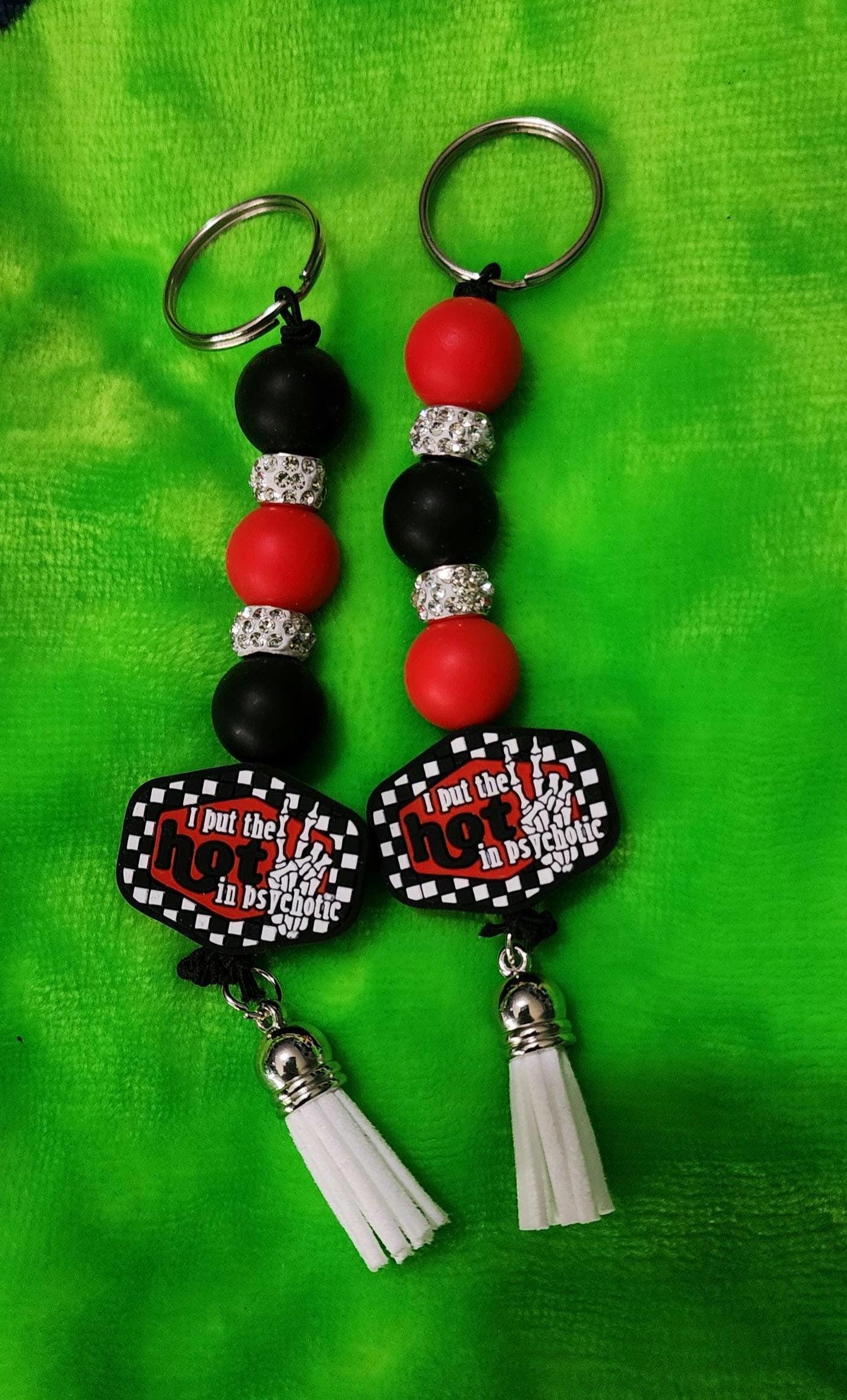 Funny Beaded Keychain: I Put the Hot in Psychotic - Dark Humor Bag Charm - Thumbnail 4