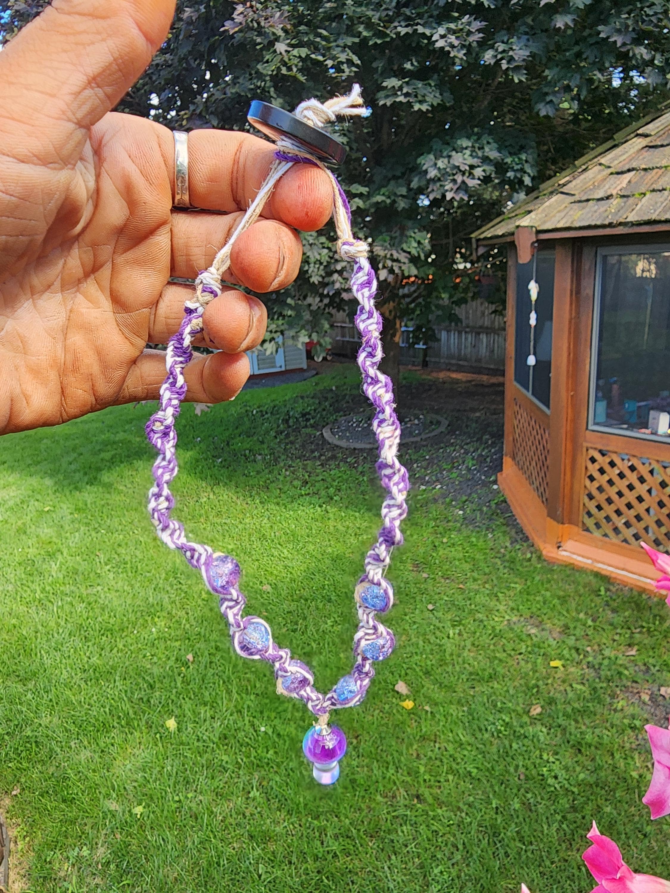 Handmade Purple Hemp Necklace: Glass Mushroom Bead