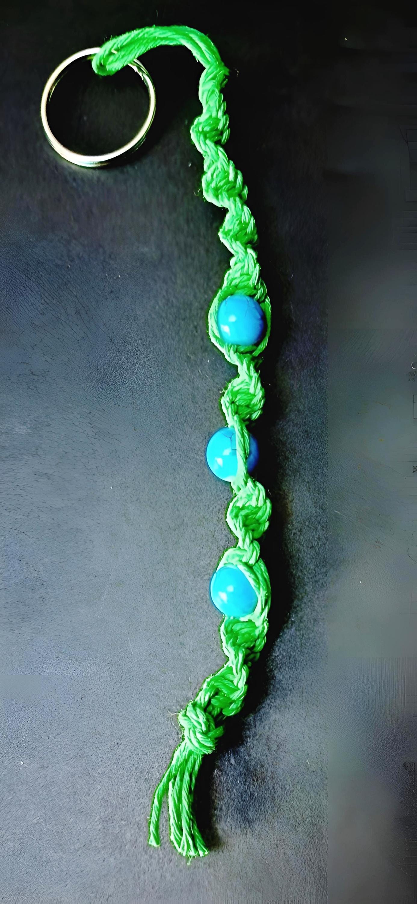 Handmade Green Hemp Keychain with Blue Beads - Thumbnail 2