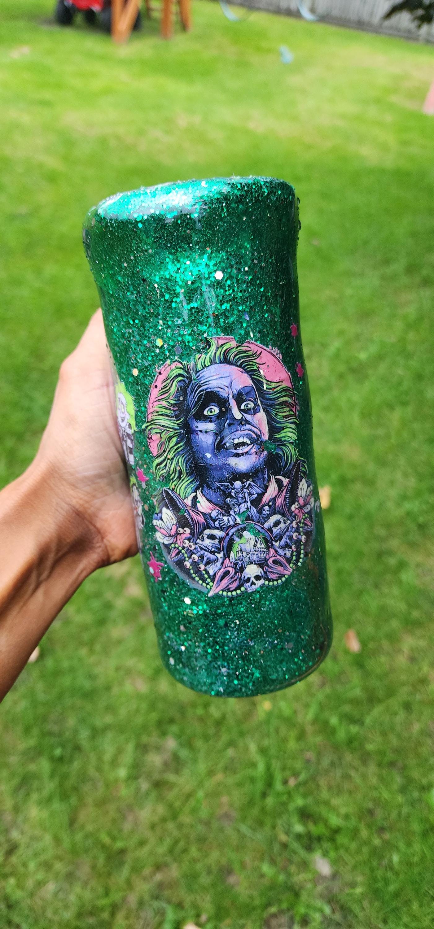 Beetlejuice Tumbler: Neon Green Glitter Drip, Spooky Stainless Steel Cup - Thumbnail 4