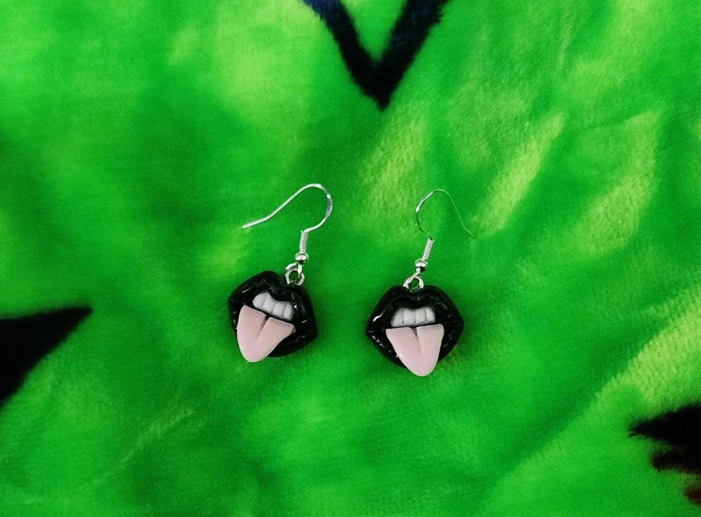 Goth Tongue Out Earrings: Handmade Polymer Clay, Edgy Jewelry - Thumbnail 6