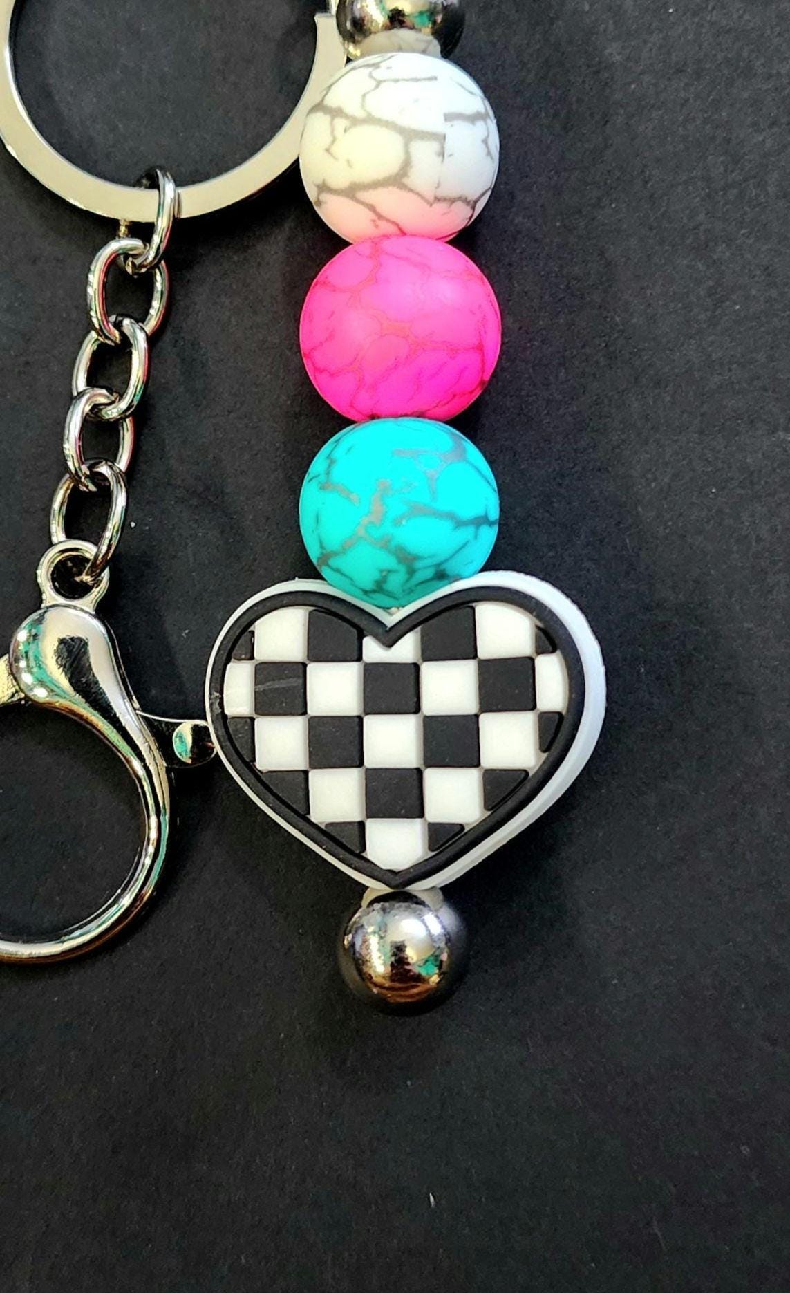Handmade Checkered Heart Keychain: Multicolor Beaded Charm