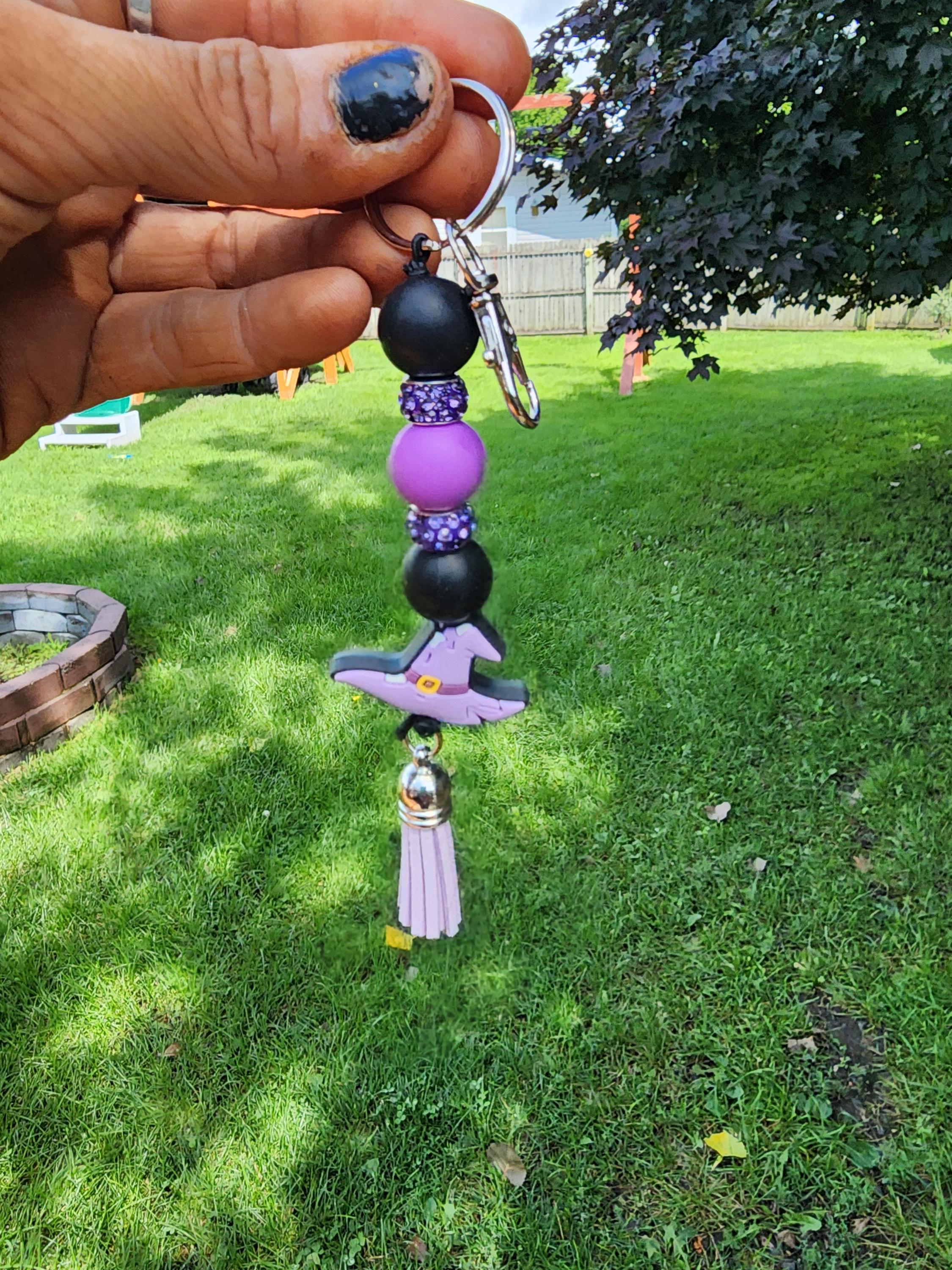 Witch Hat Beaded Keychain: Purple Rhinestone Glam Bag Charm - Thumbnail 4