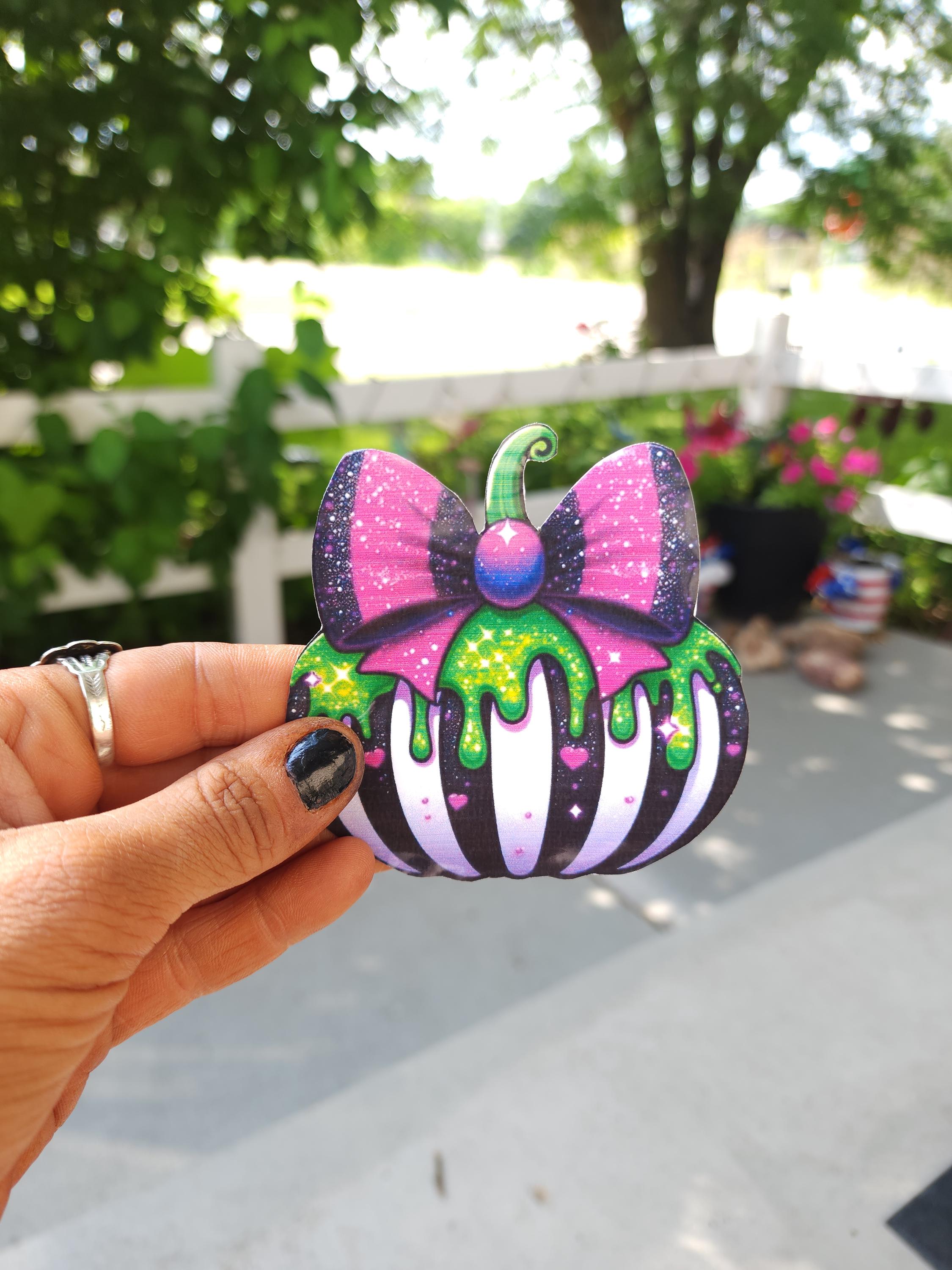 Toxic Glam Gourd – 3x3 Creepy Cute Vinyl Sticker | White, Black & Purple Striped Pumpkin Dripping in Slime Green Ooze | Spooky Halloween - Thumbnail 2
