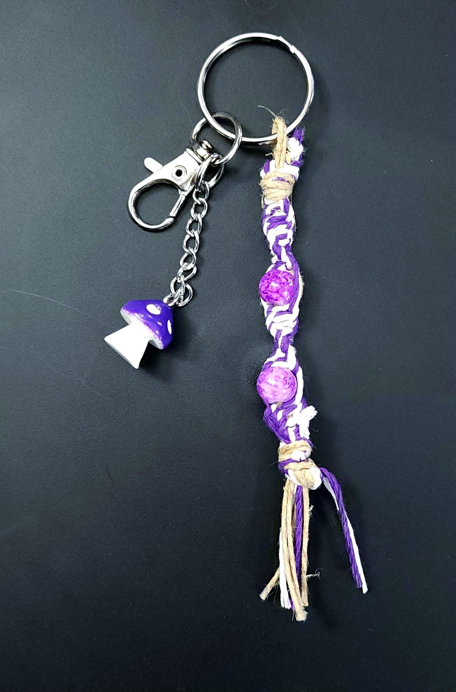 Handmade Hemp Keychain: Purple Mushroom Charm with Glass Beads