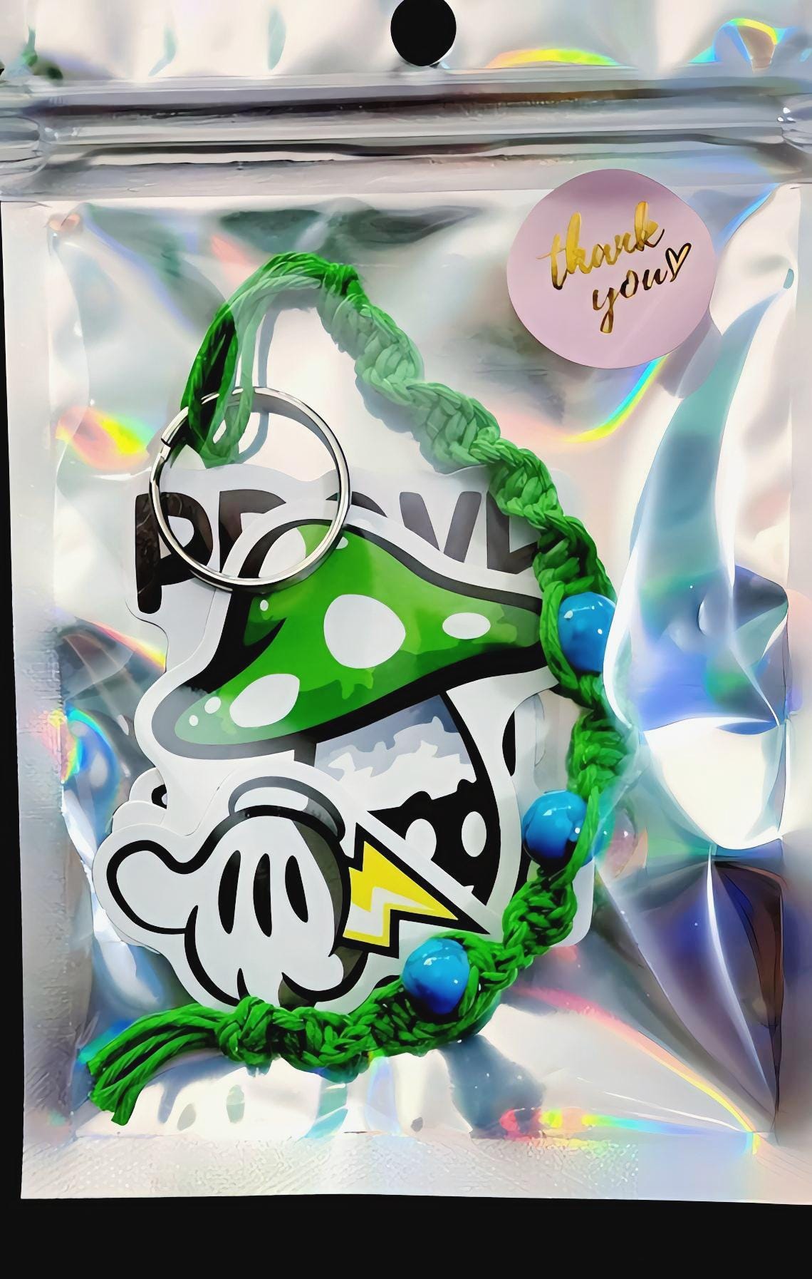 Handmade Green Hemp Keychain with Blue Beads - Thumbnail 5