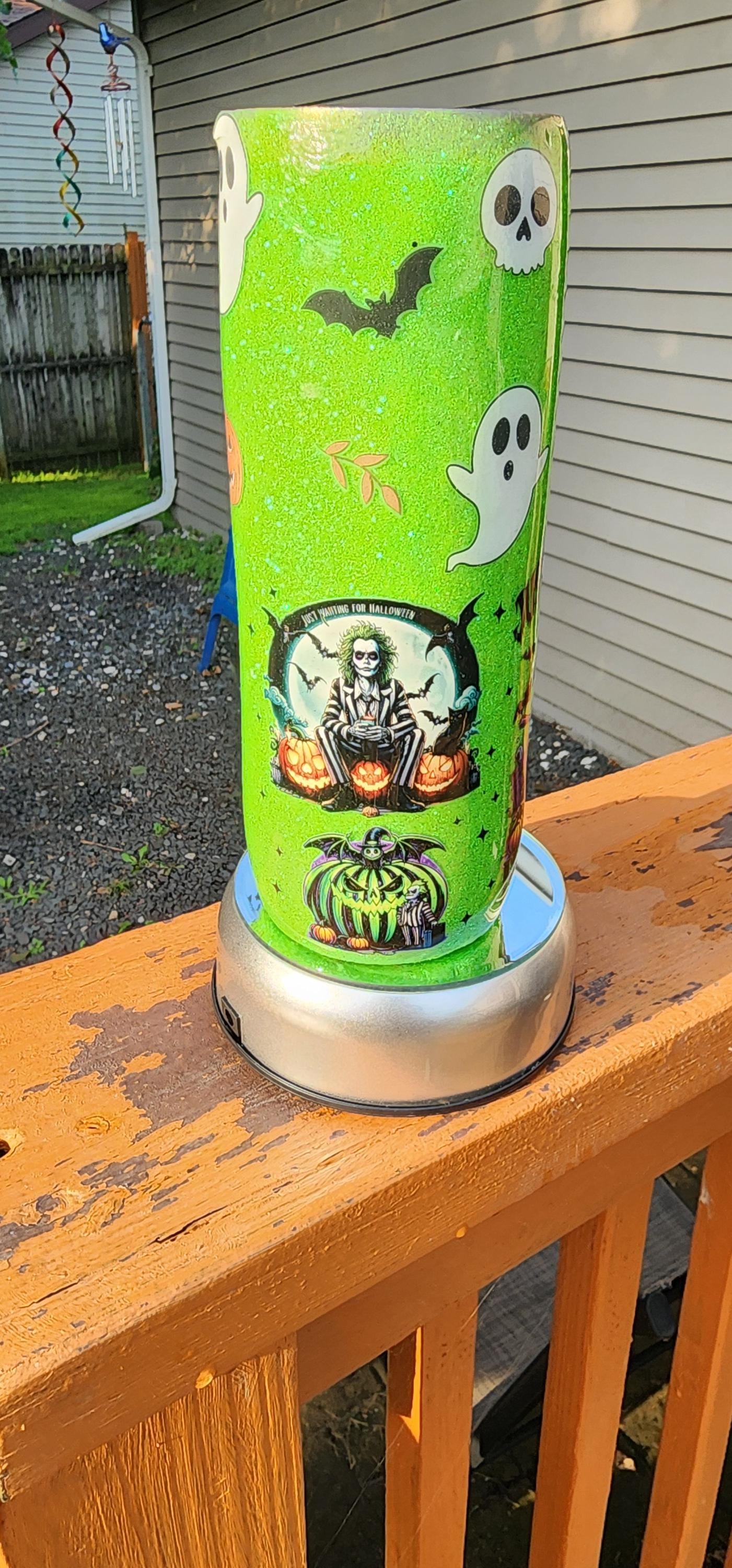Beetlejuice Tumbler: Lime Green Spooky Sparkle Stainless Steel Cup - Thumbnail 4