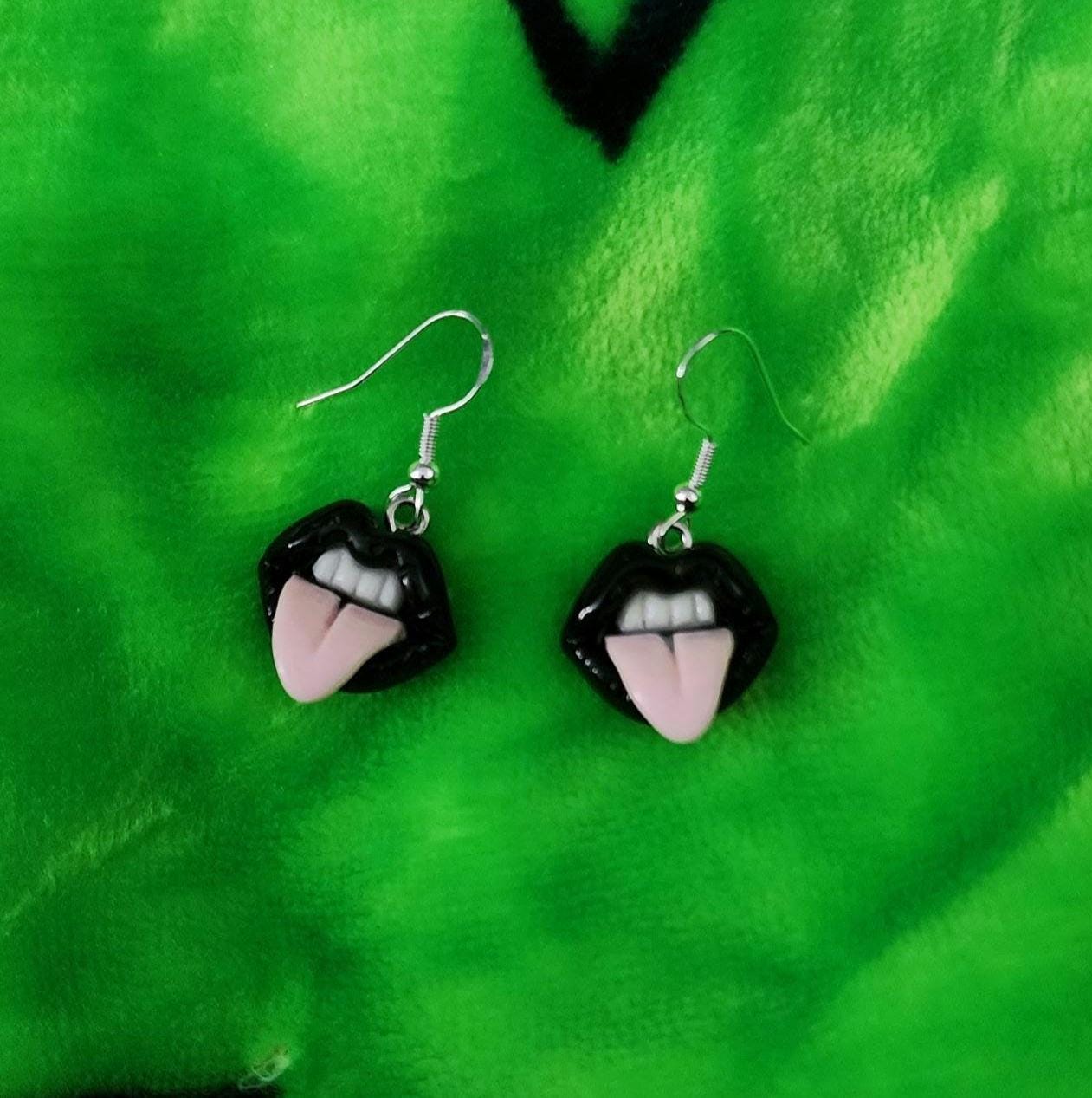 Goth Tongue Out Earrings: Handmade Polymer Clay, Edgy Jewelry - Thumbnail 5