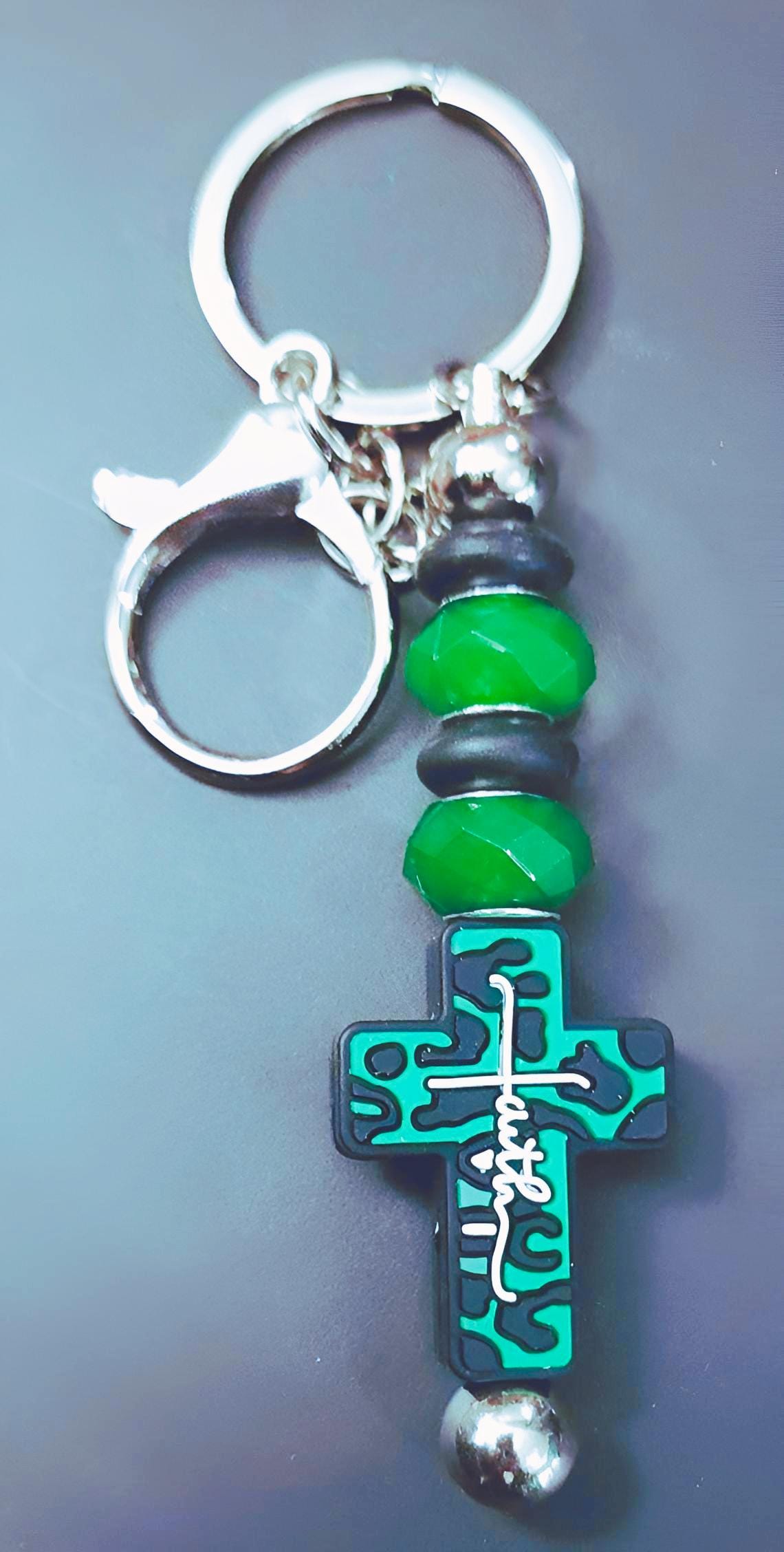 Handmade Faith Cross Keychain: Green Beaded Charm - Thumbnail 3