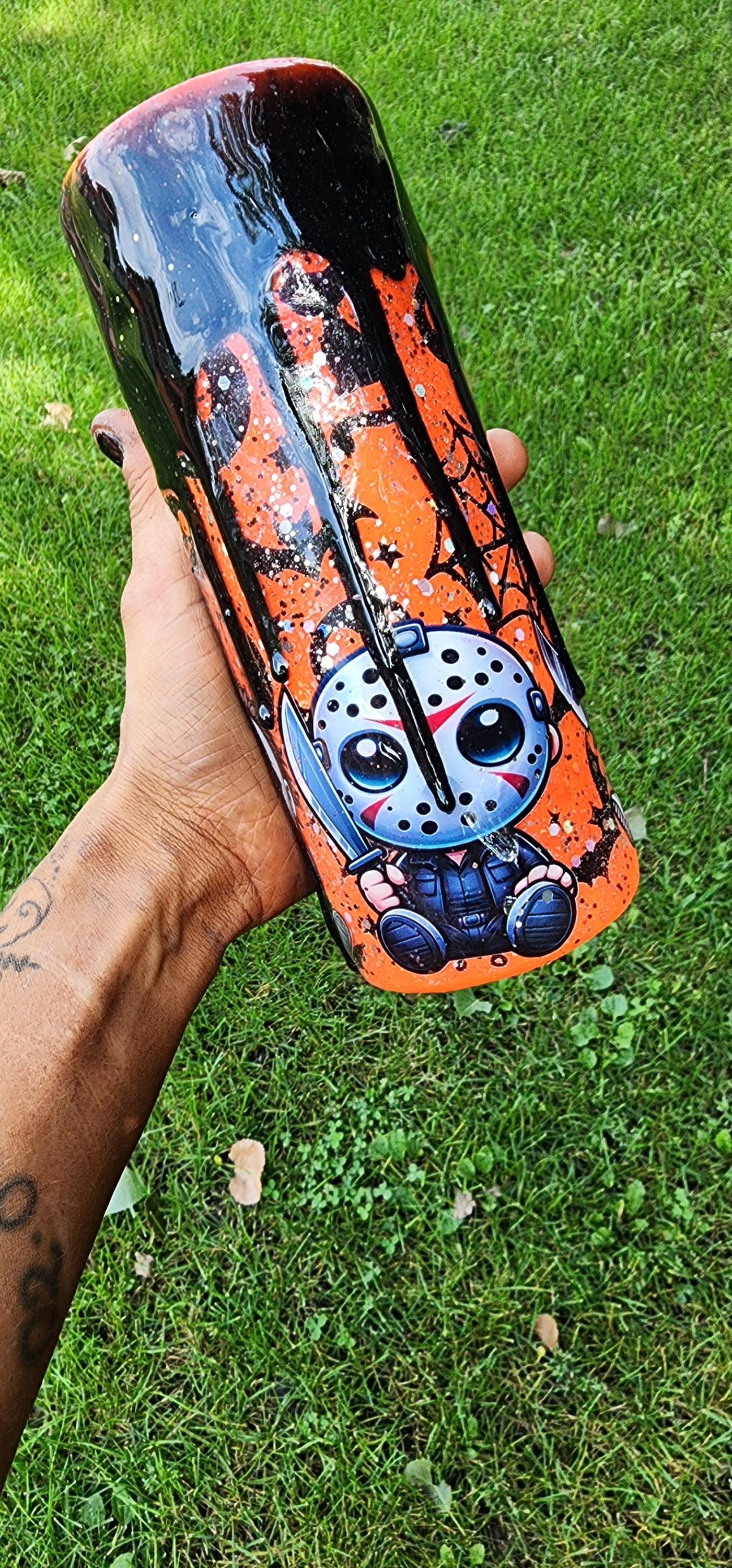 Orange Drip Horror Tumbler: 20oz Halloween Glitter Epoxy Cup - Thumbnail 2