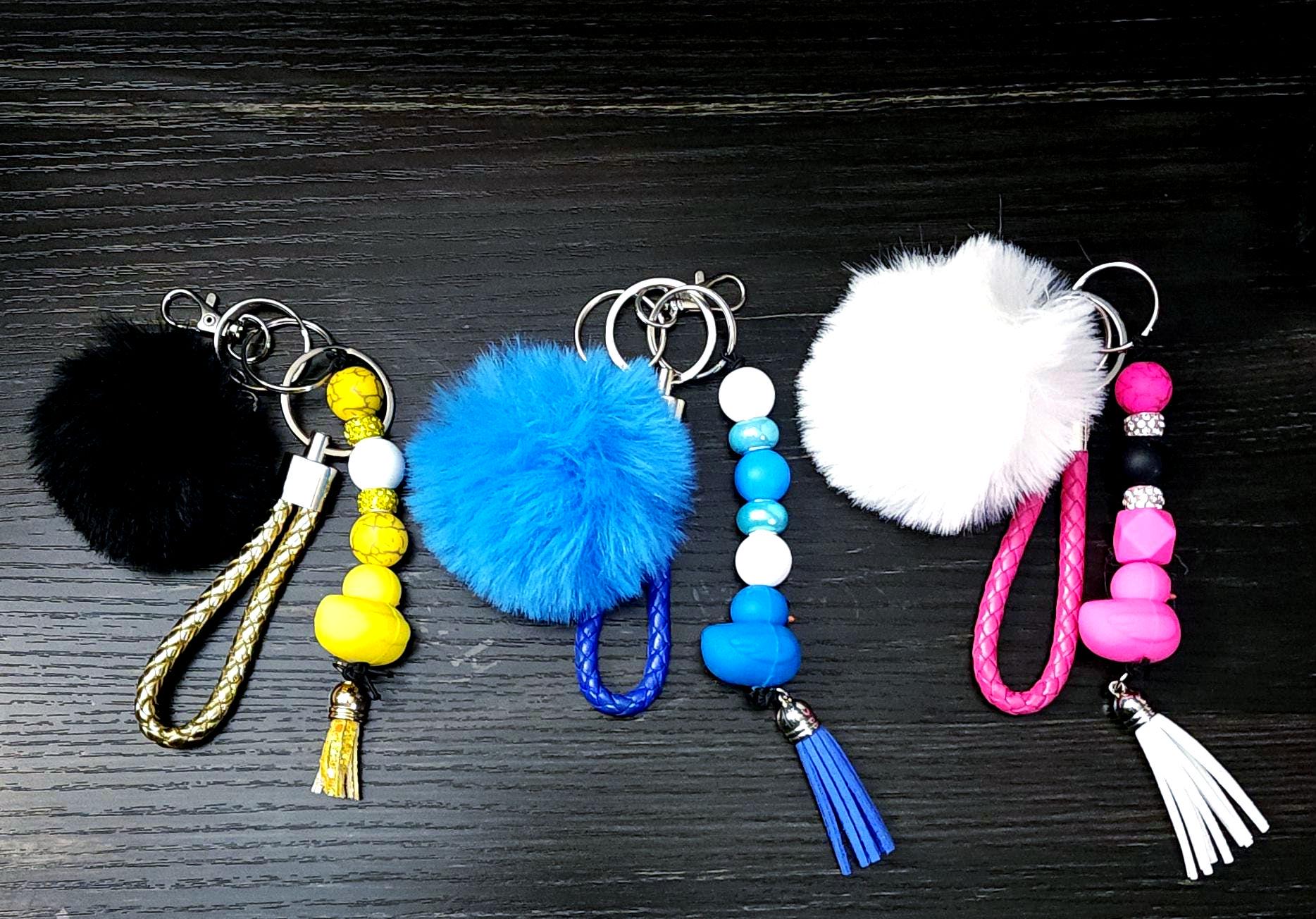 Duck Keychain Wrist Lanyard: Acrylic Charm & Faux Fur Pom Pom