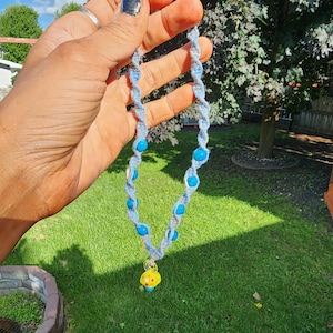Hemp Necklace: Boho Light Blue Gray Cord with Glass Mushroom Bead