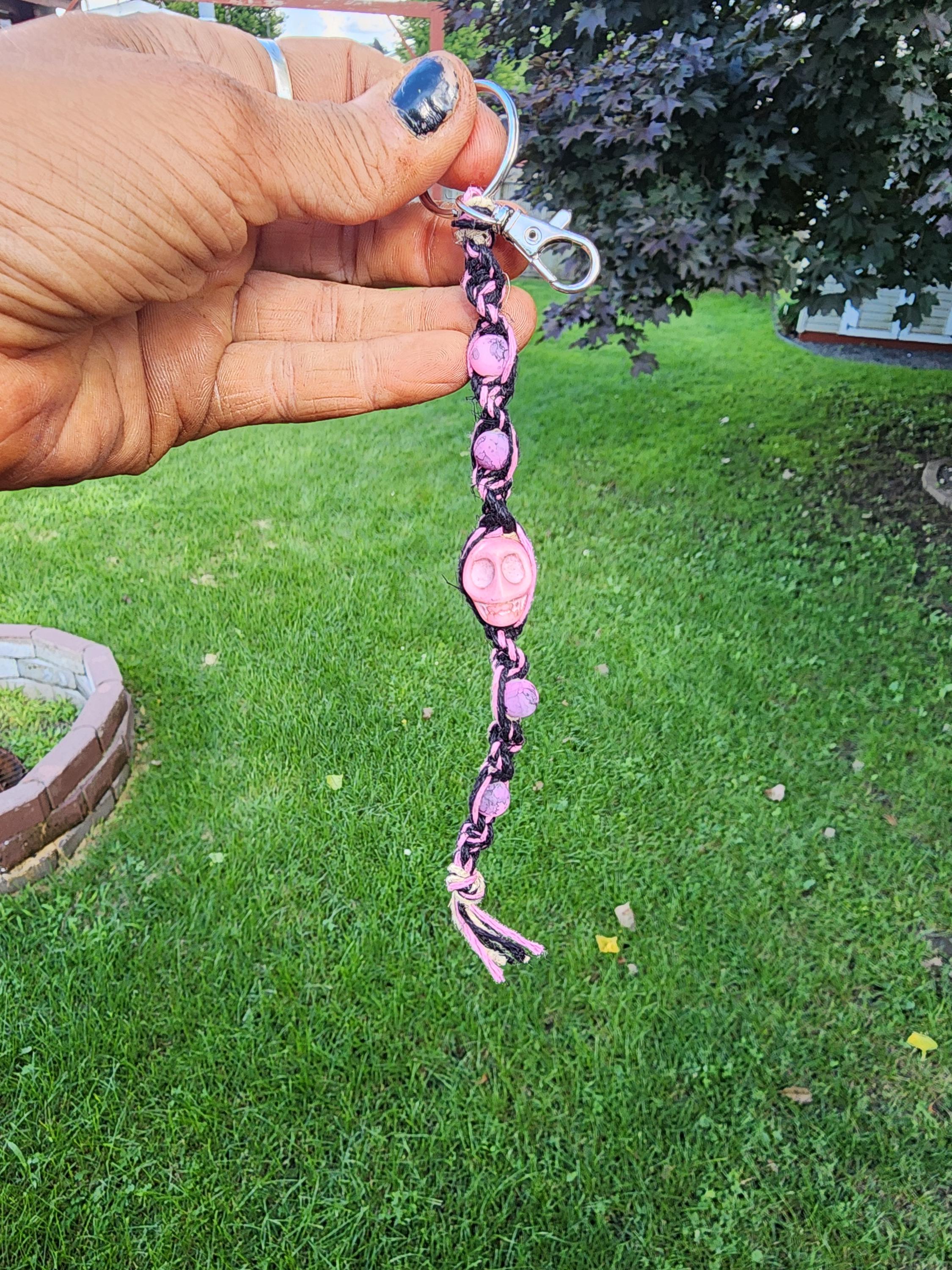 Pretty in Punk – Fierce Black & Pink Hemp Keychain with Hot Pink Beads + Badass Skull Charm | Spooky Babe Vibes Only - Thumbnail 2