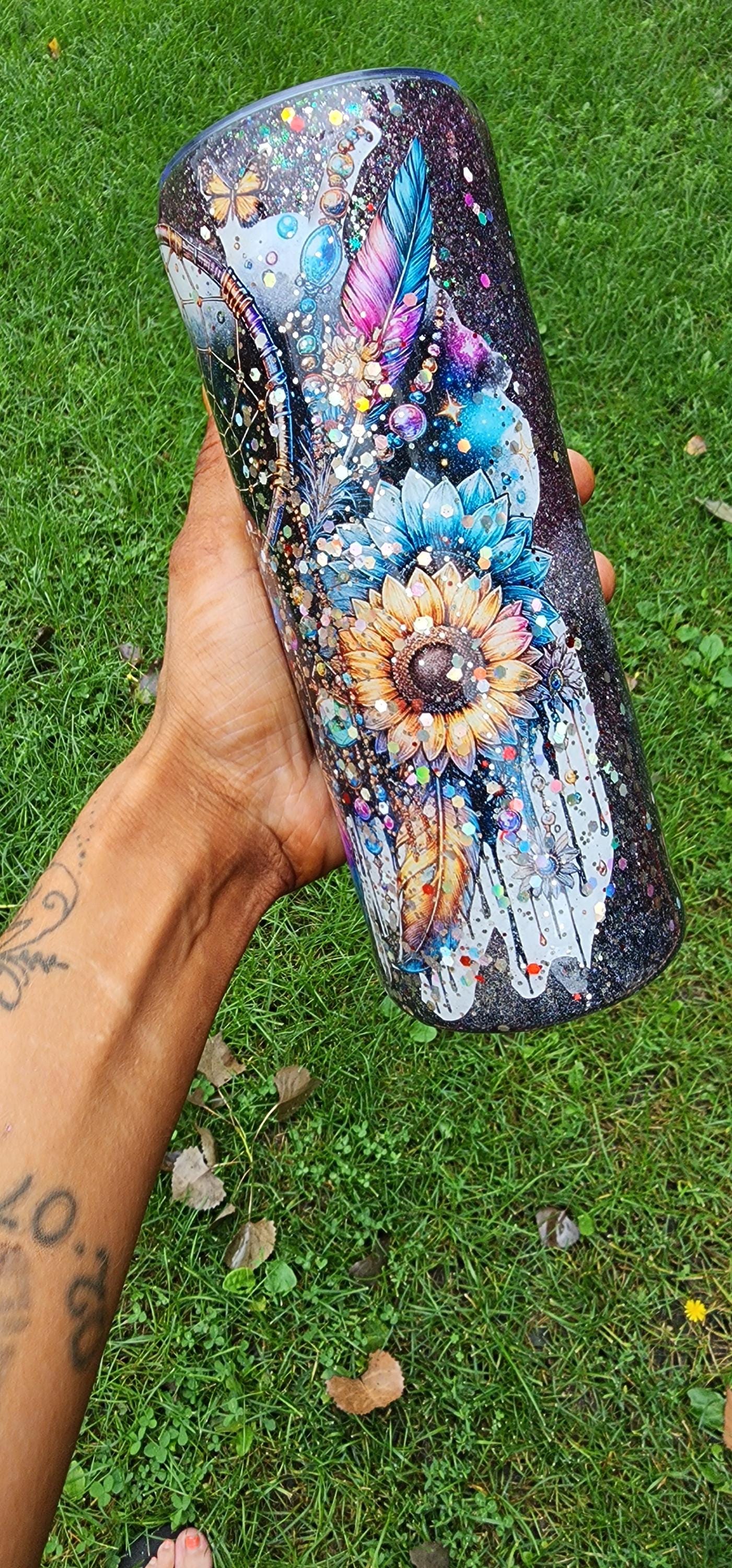 Handmade Dream Catcher Tumbler: Boho Glitter Stainless Steel Travel Mug - Thumbnail 2
