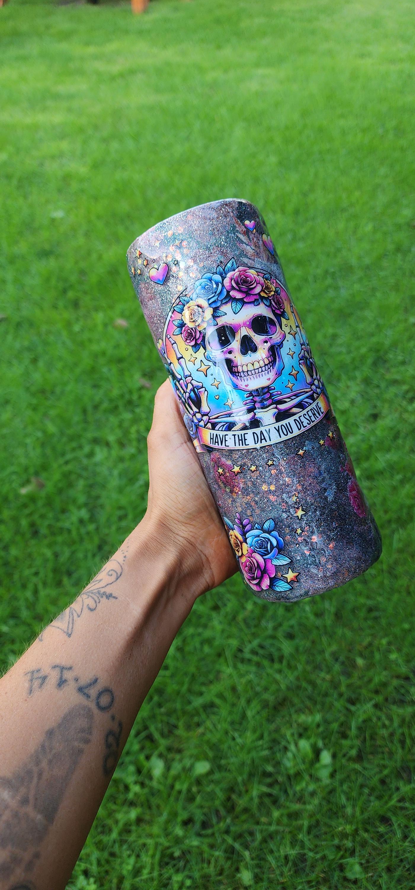 Skull & Rose Epoxy Tumbler: Gothic Floral Coffee Cup - Sarcastic Gift - Thumbnail 3
