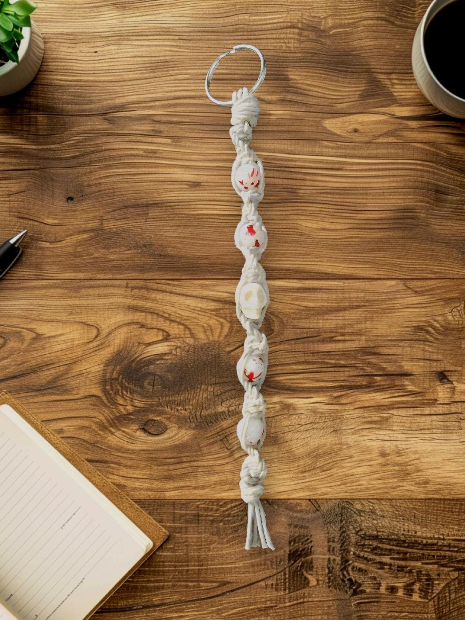 Murderously Cute – White Hemp Keychain with Blood Spatter Beads | True Crime-Inspired Keychain | Creepy Cute Accessory for Horror Lovers - Thumbnail 7