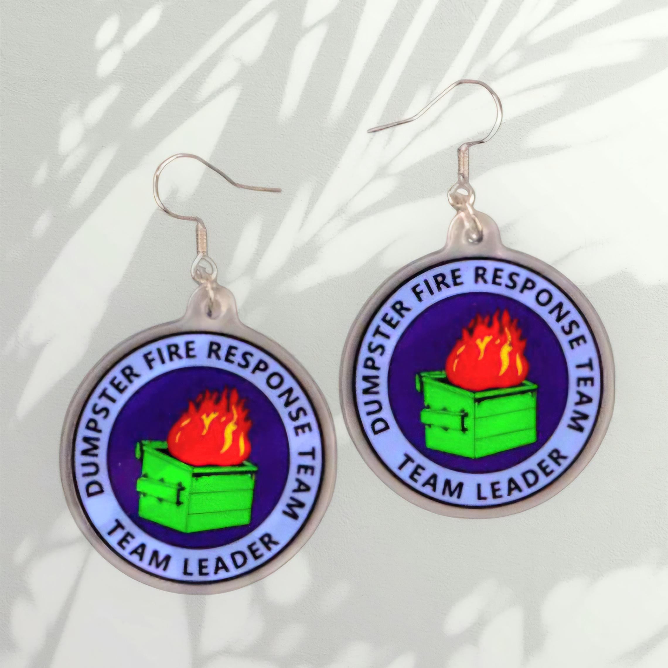Dumpster Fire Response Team Earrings: Funny Acrylic Dangle Jewelry - Thumbnail 2