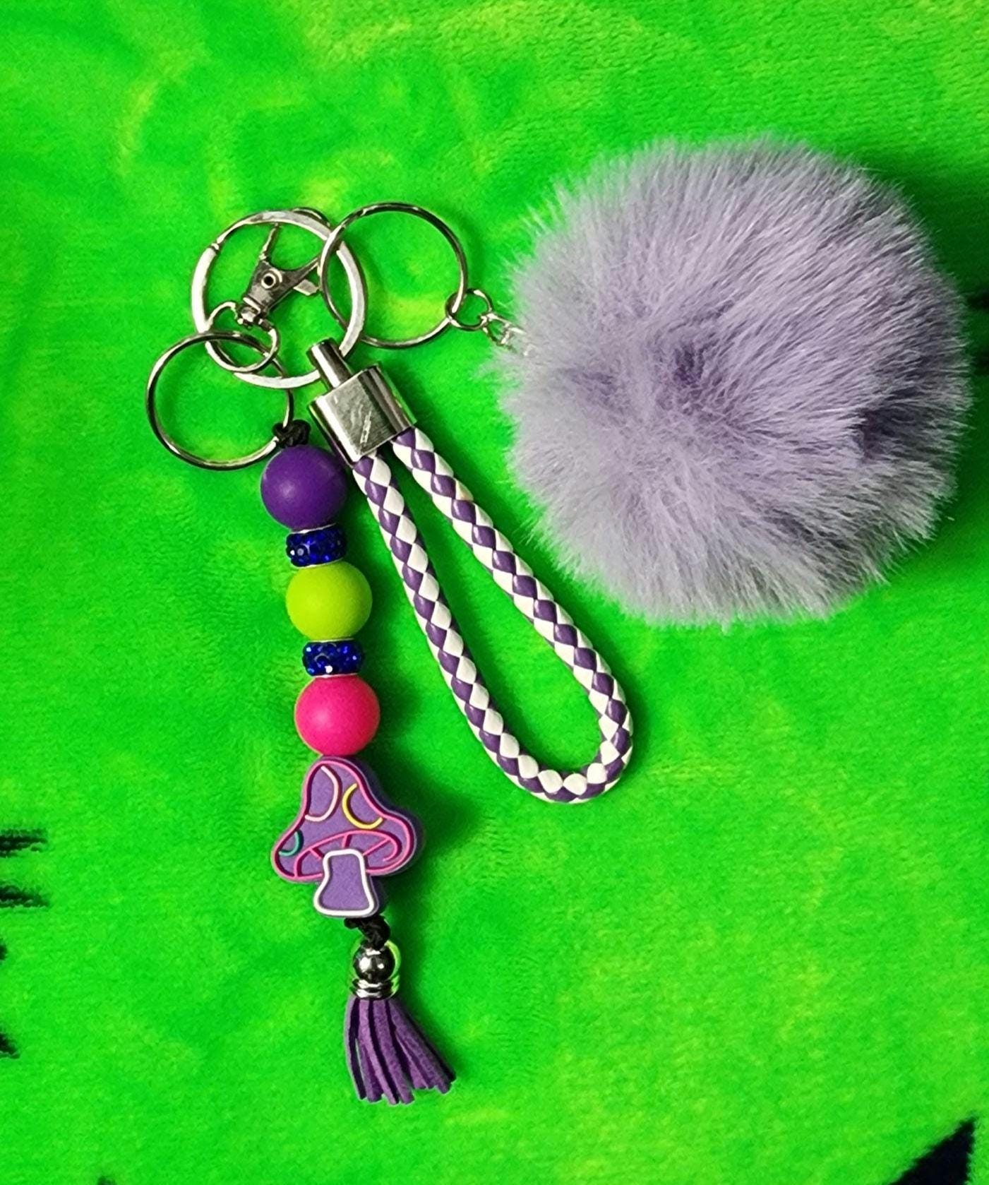 Purple Mushroom Set, Cottagecore Keychain with Lanyard & Pom for Mushroom Lovers - Thumbnail 4