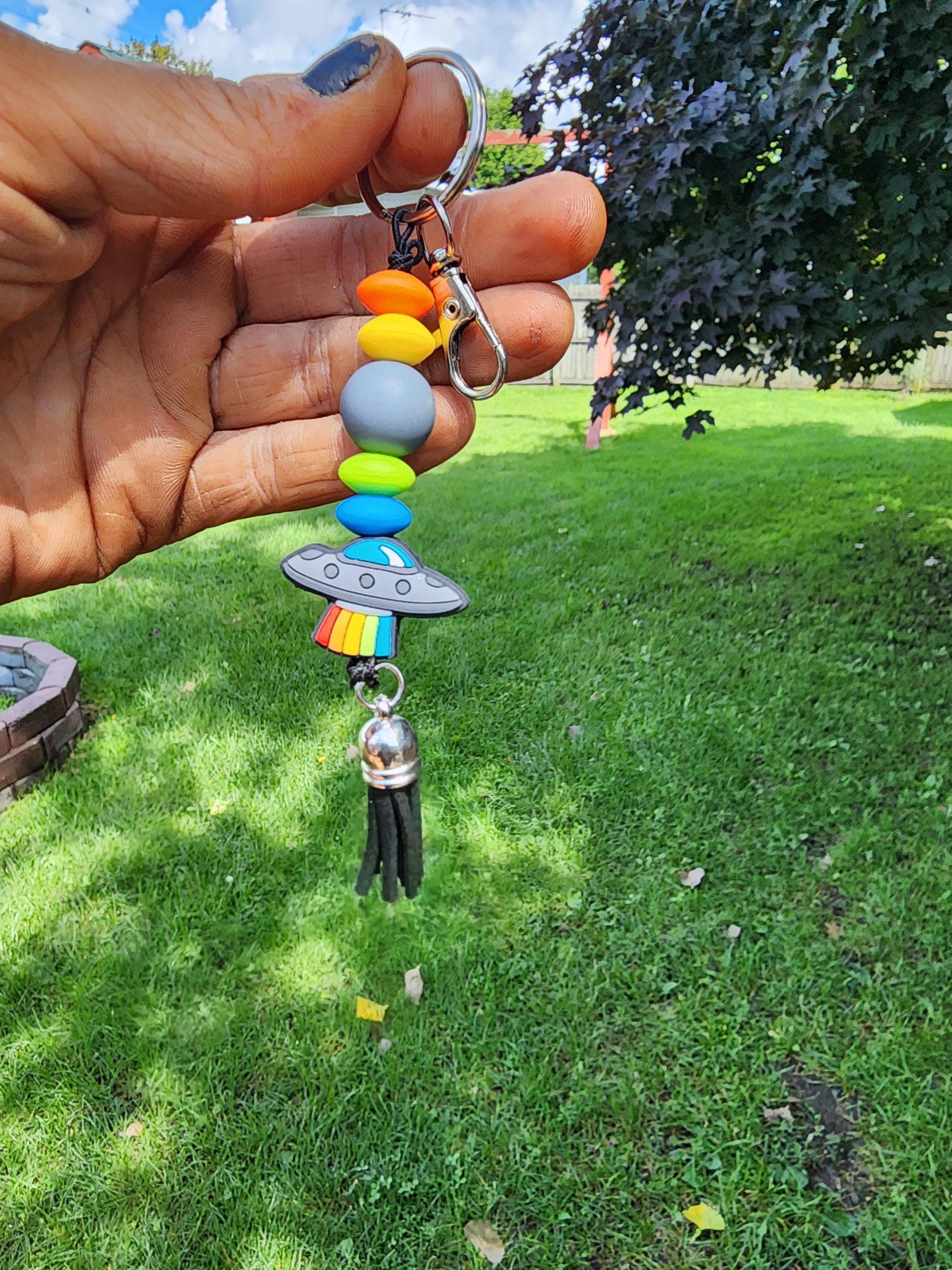 UFO Beaded Keychain: Funky Alien Bag Charm - Cosmic Gift - Thumbnail 2
