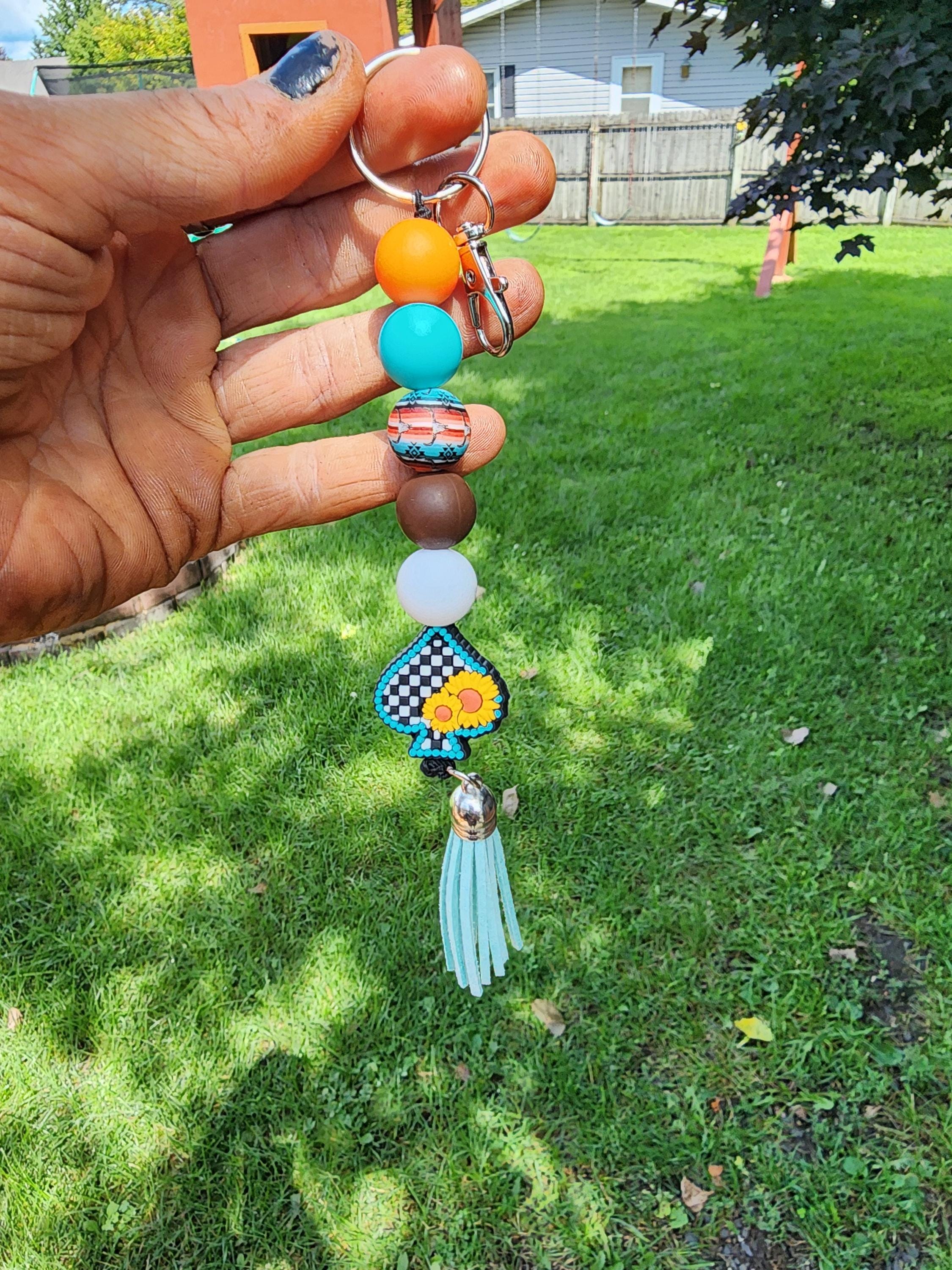 Beaded Keychain: Checkered Spade Charm, Retro Orange Teal Brown - Thumbnail 6