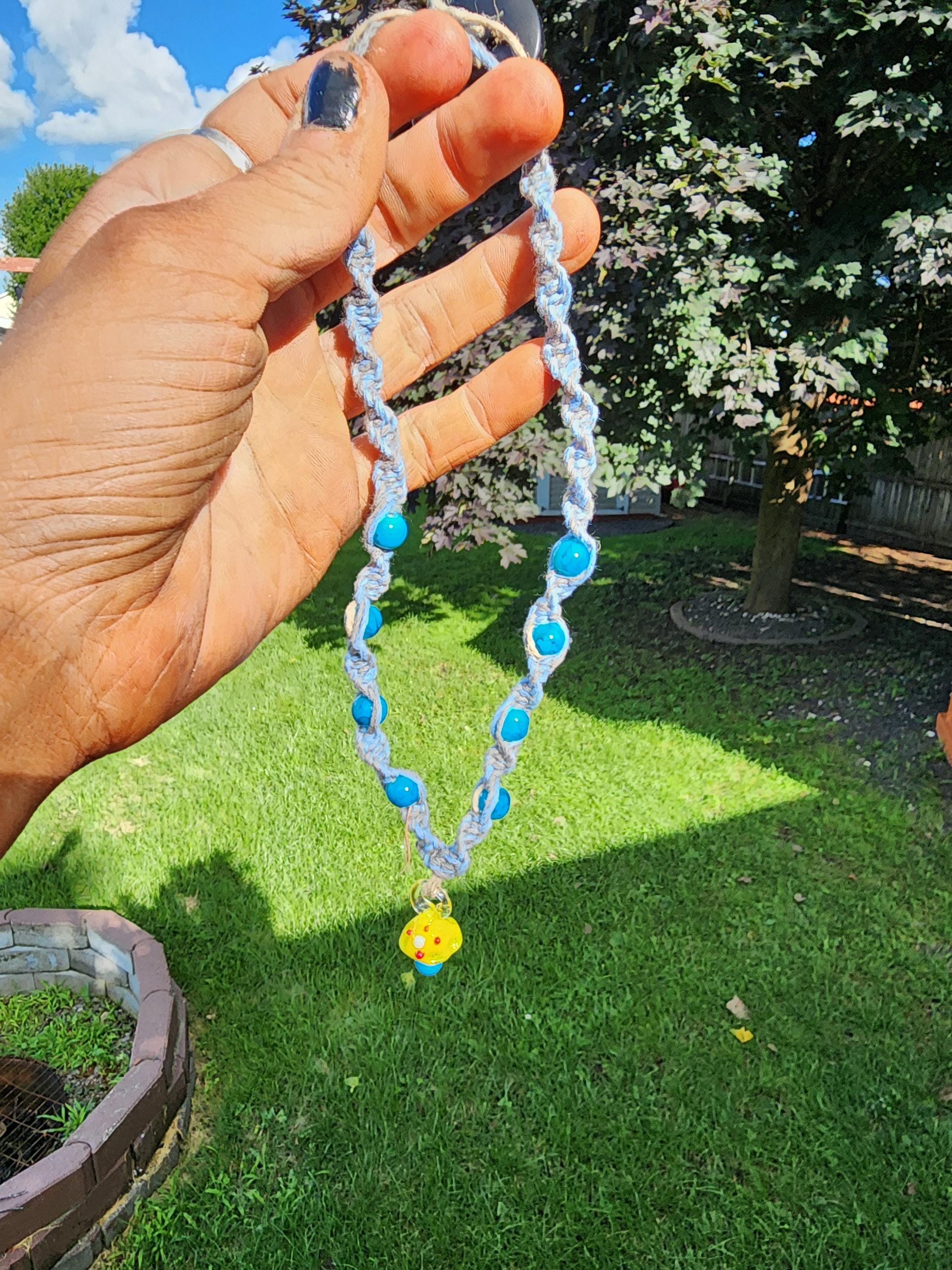 Hemp Necklace: Boho Light Blue Gray Cord with Glass Mushroom Bead - Thumbnail 3