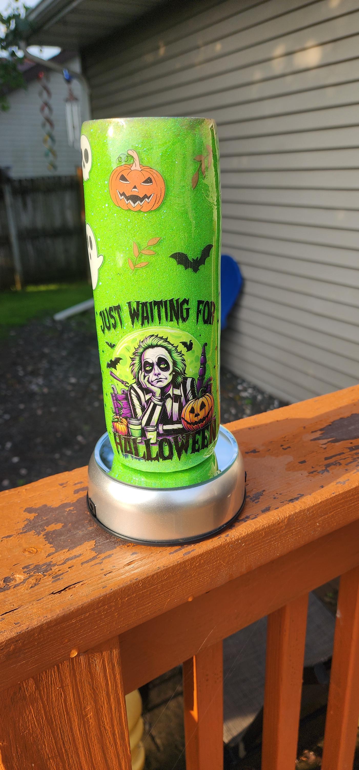 Beetlejuice Tumbler: Lime Green Spooky Sparkle Stainless Steel Cup - Thumbnail 5