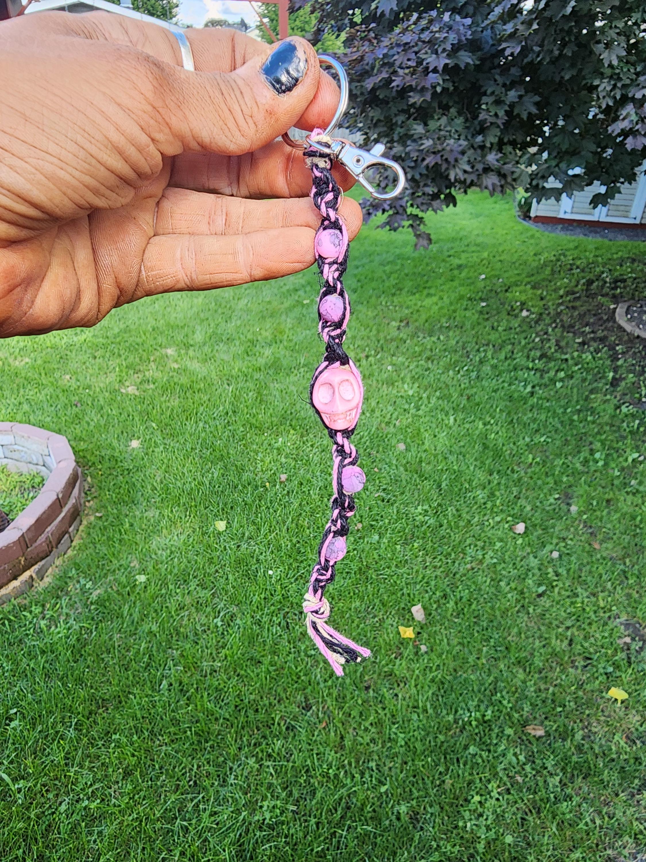 Pretty in Punk – Fierce Black & Pink Hemp Keychain with Hot Pink Beads + Badass Skull Charm | Spooky Babe Vibes Only - Thumbnail 4