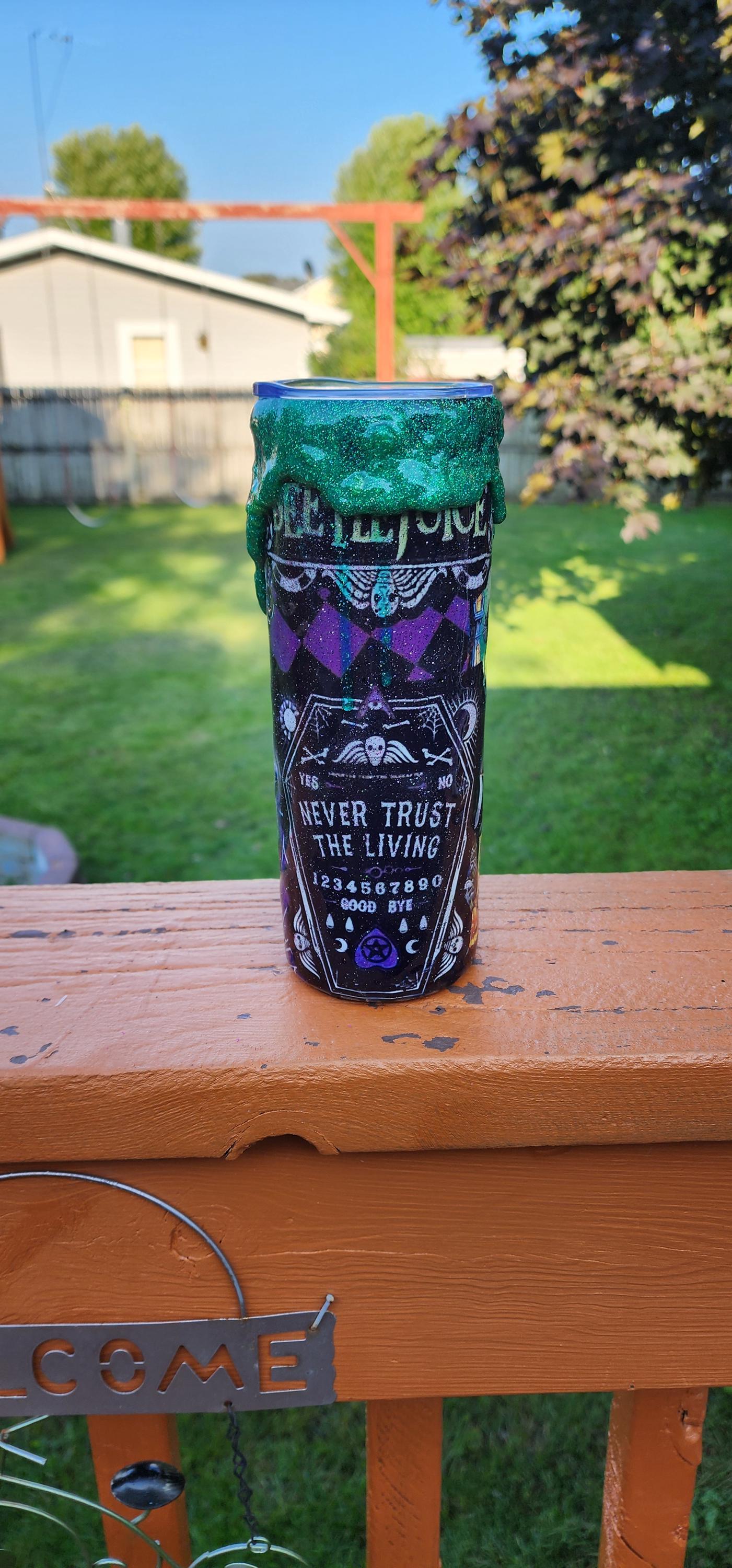 Never Trust the Living Beetlejuice Tumbler – 20oz Spooky Epoxy Drip Cup | Handmade Halloween Horror Drinkware - Thumbnail 3