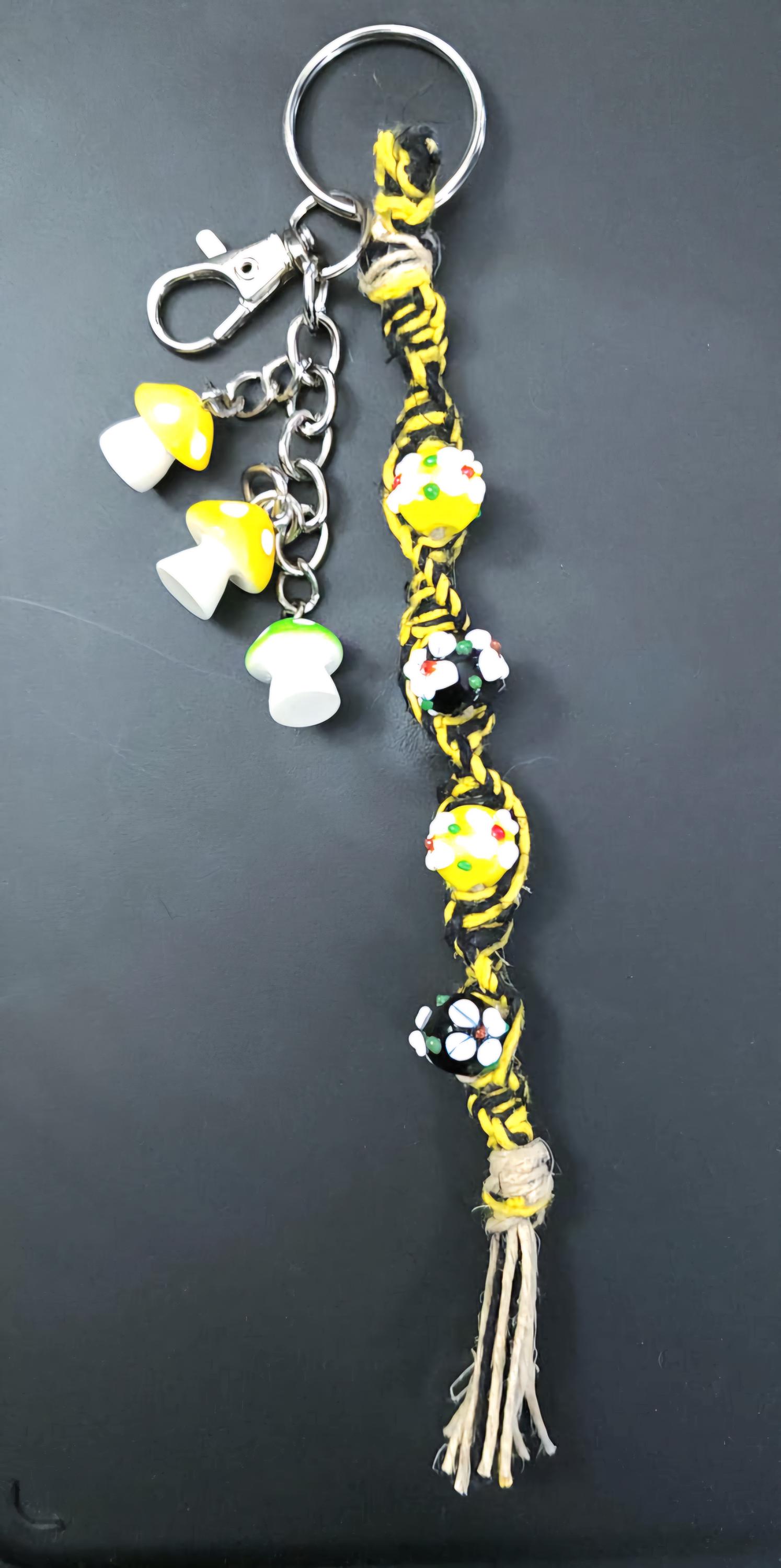 Handmade Hemp Keychain: Flower Beads and Mushroom Charms - Thumbnail 3
