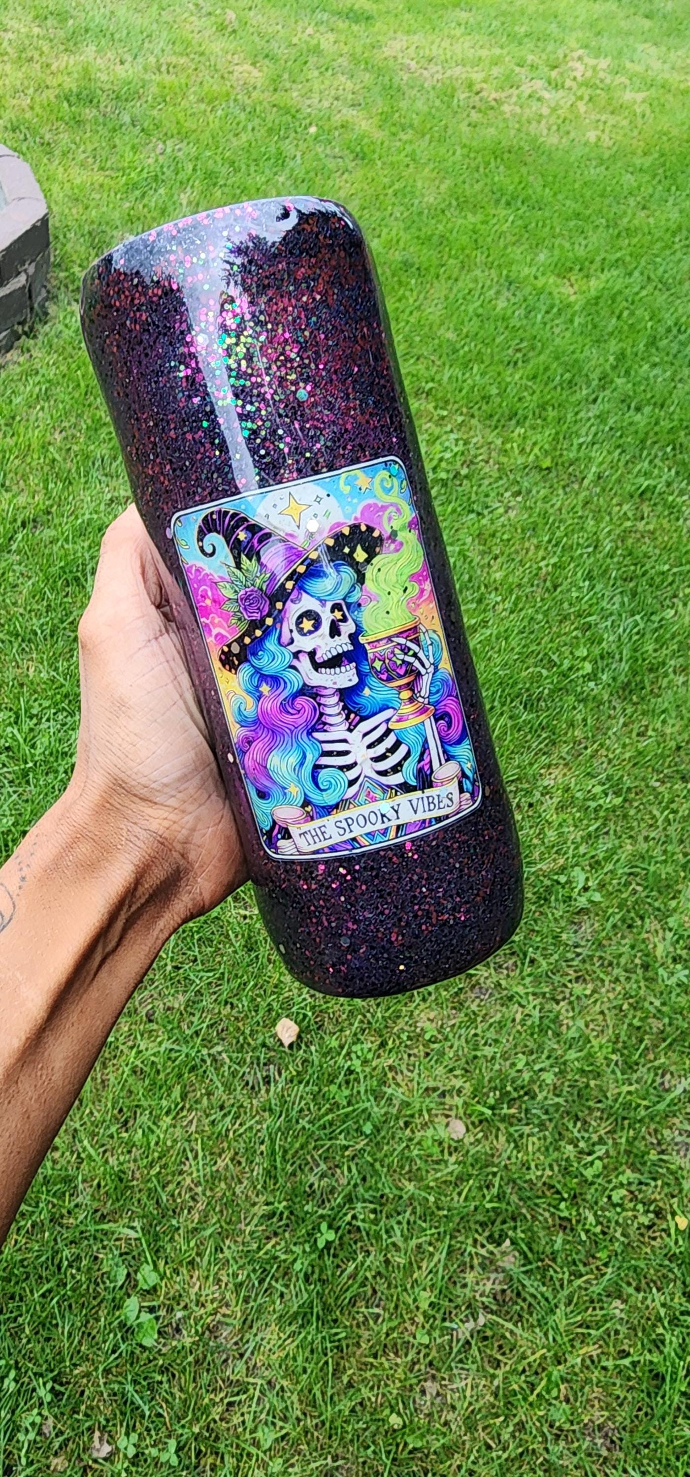Spooky Vibes Epoxy Glitter Tumbler – Creepy Cute Halloween Cup, Witchy Gothic Stainless Steel Mug, Handmade Coffee Drinkware Gift - Thumbnail 4