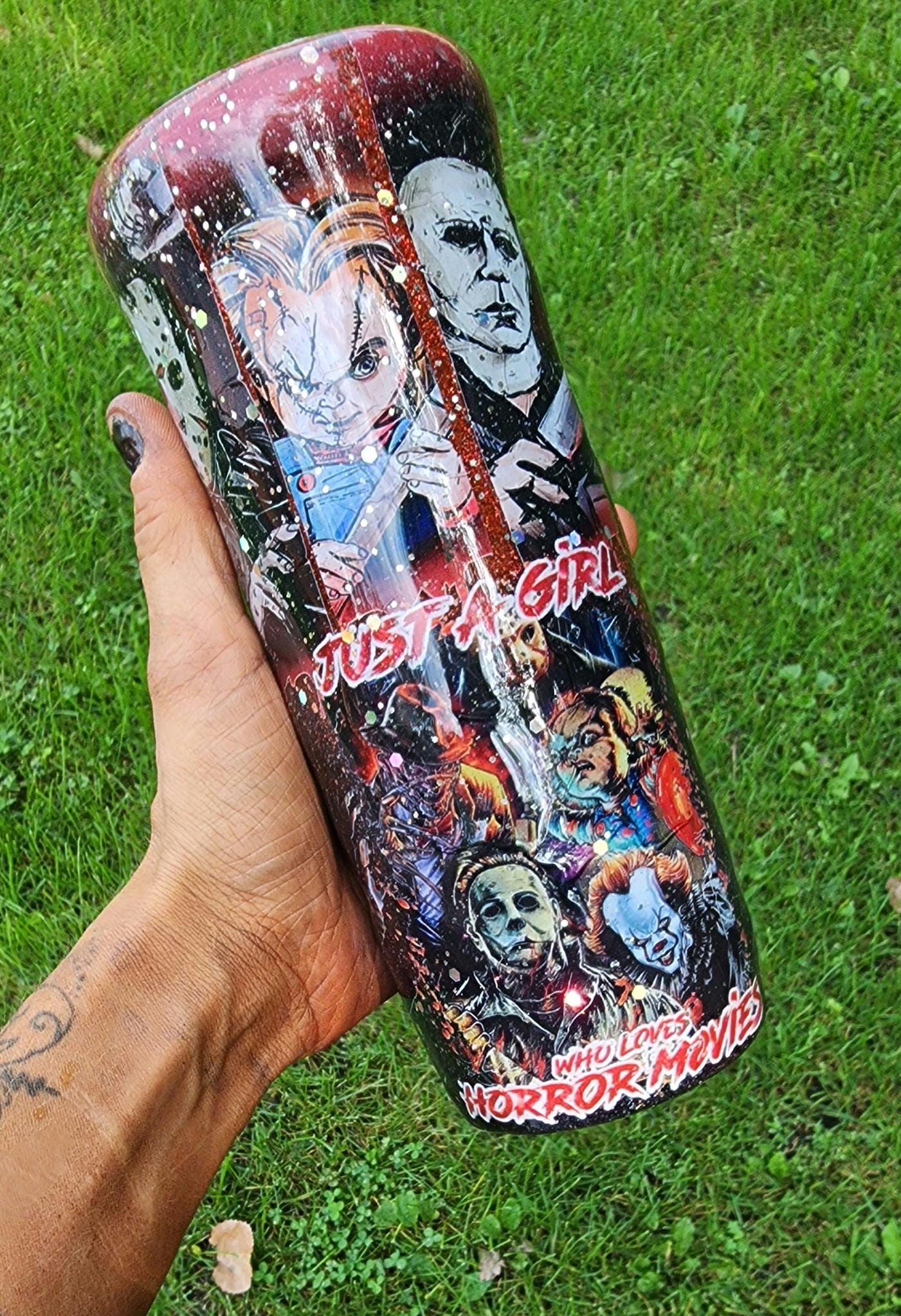 Horror Movie Fan Tumbler: Handmade Glitter 20oz Stainless Steel Cup - Thumbnail 4